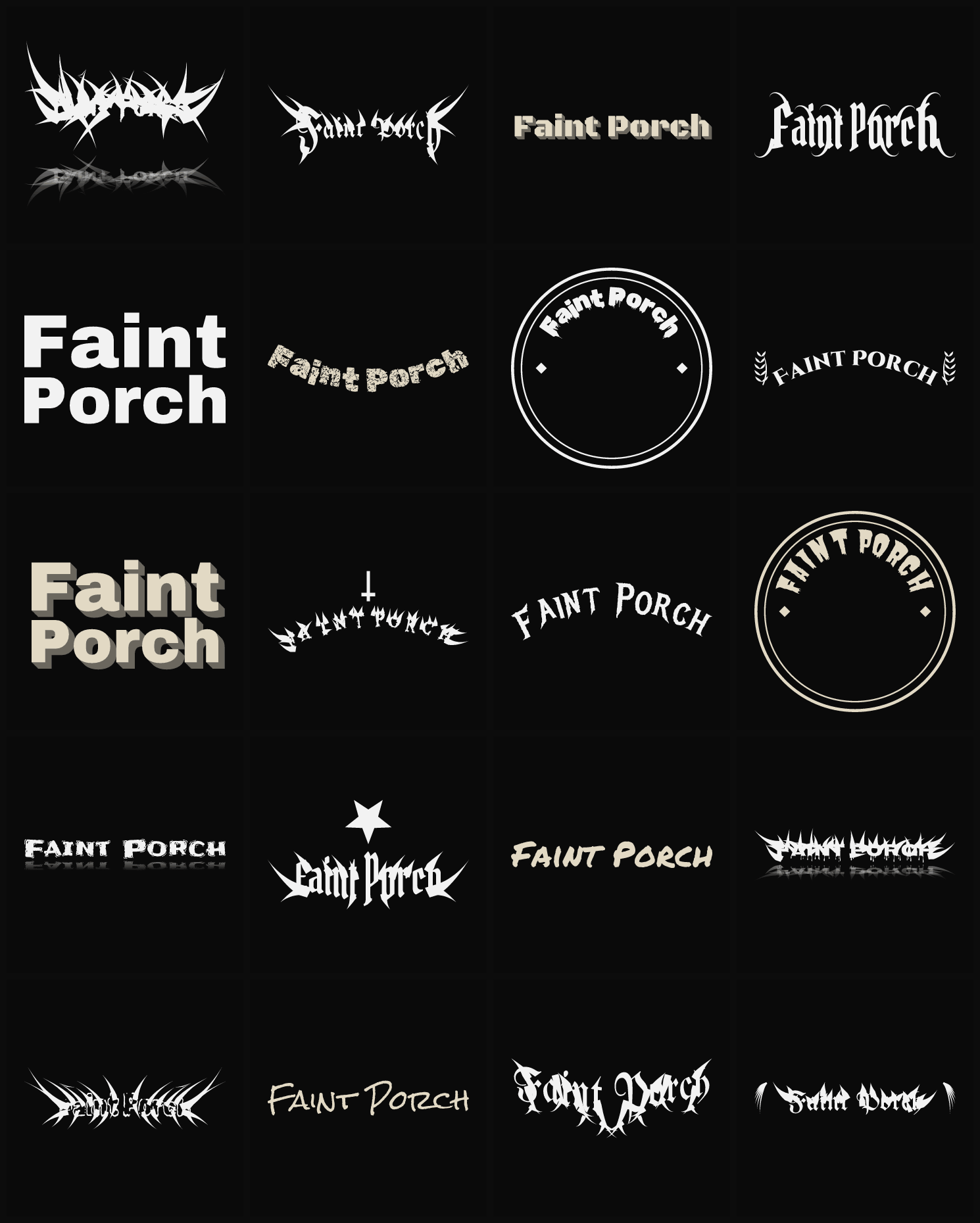 Twenty Faint Porch band logo ideas — different faces, treatments and spike settings