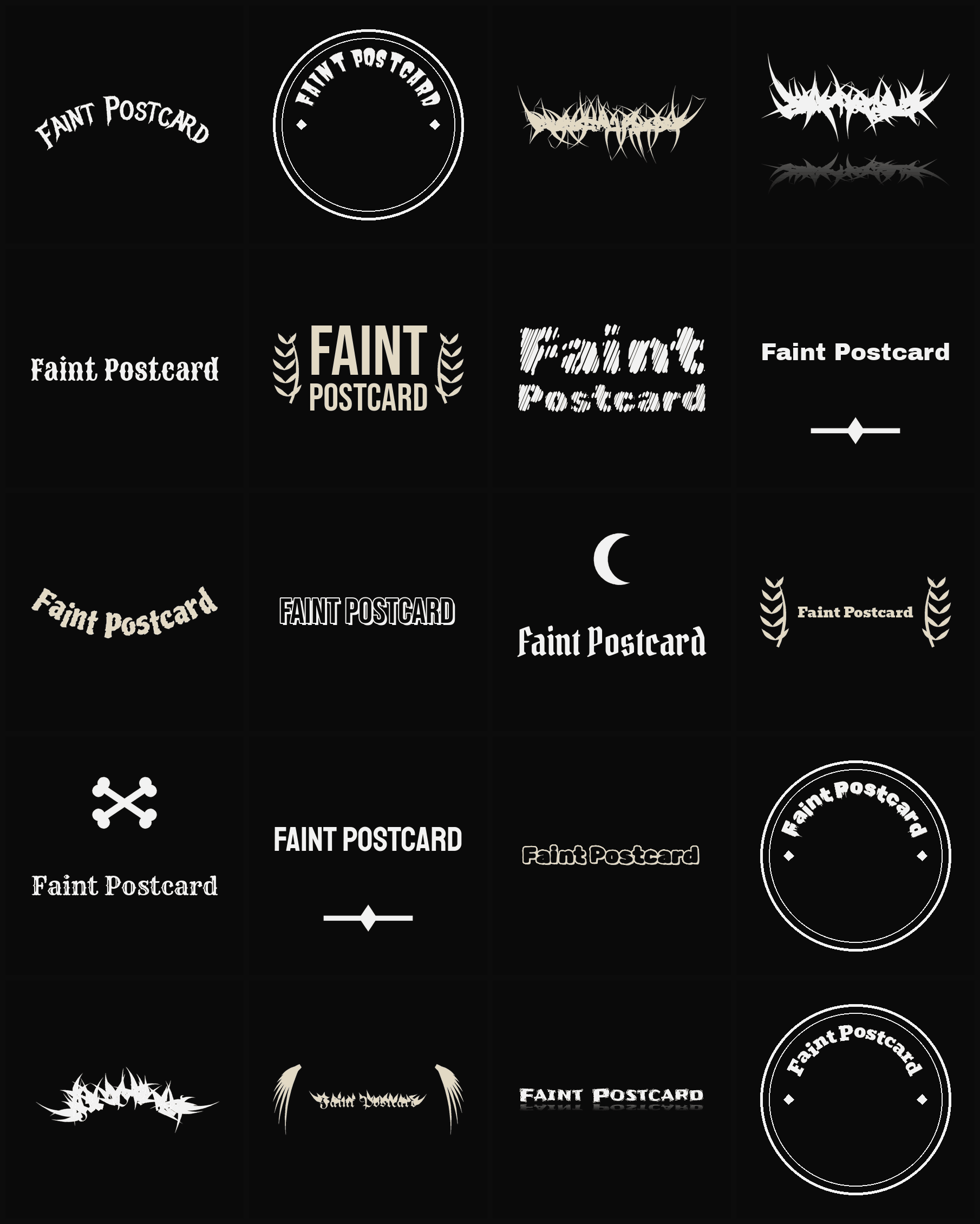 Twenty Faint Postcard band logo ideas — different faces, treatments and spike settings