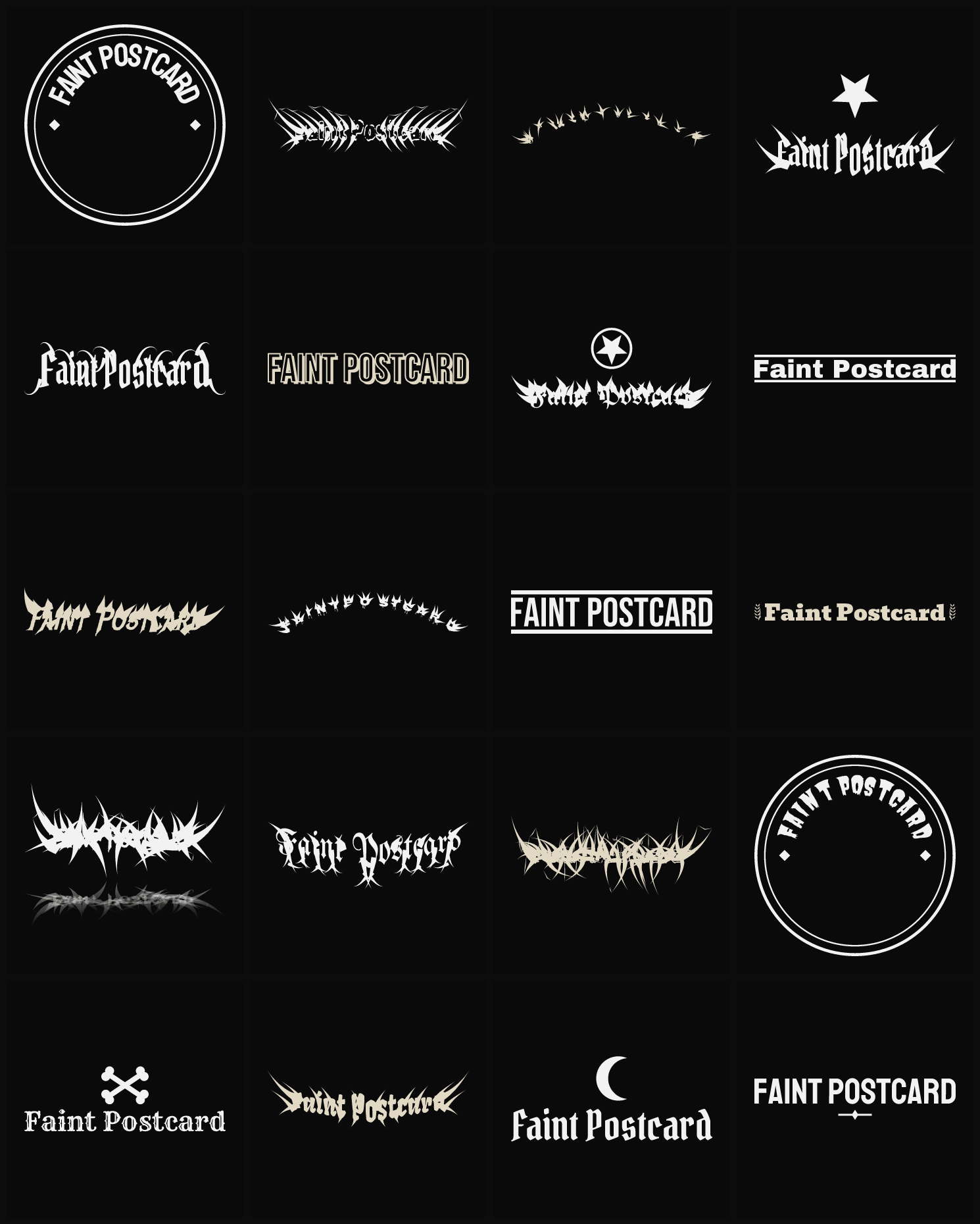 Twenty Faint Postcard band logo ideas — different faces, treatments and spike settings