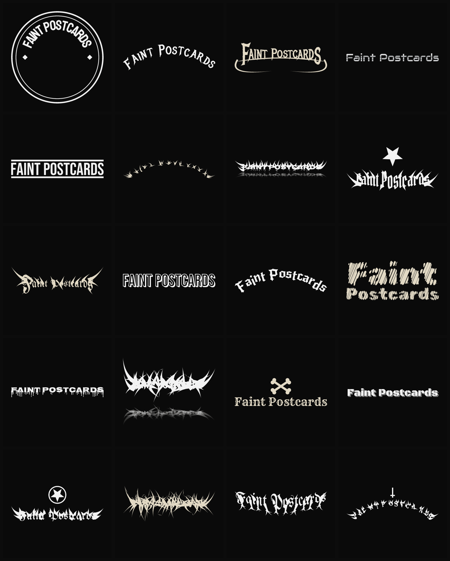 Twenty Faint Postcards band logo ideas — different faces, treatments and spike settings