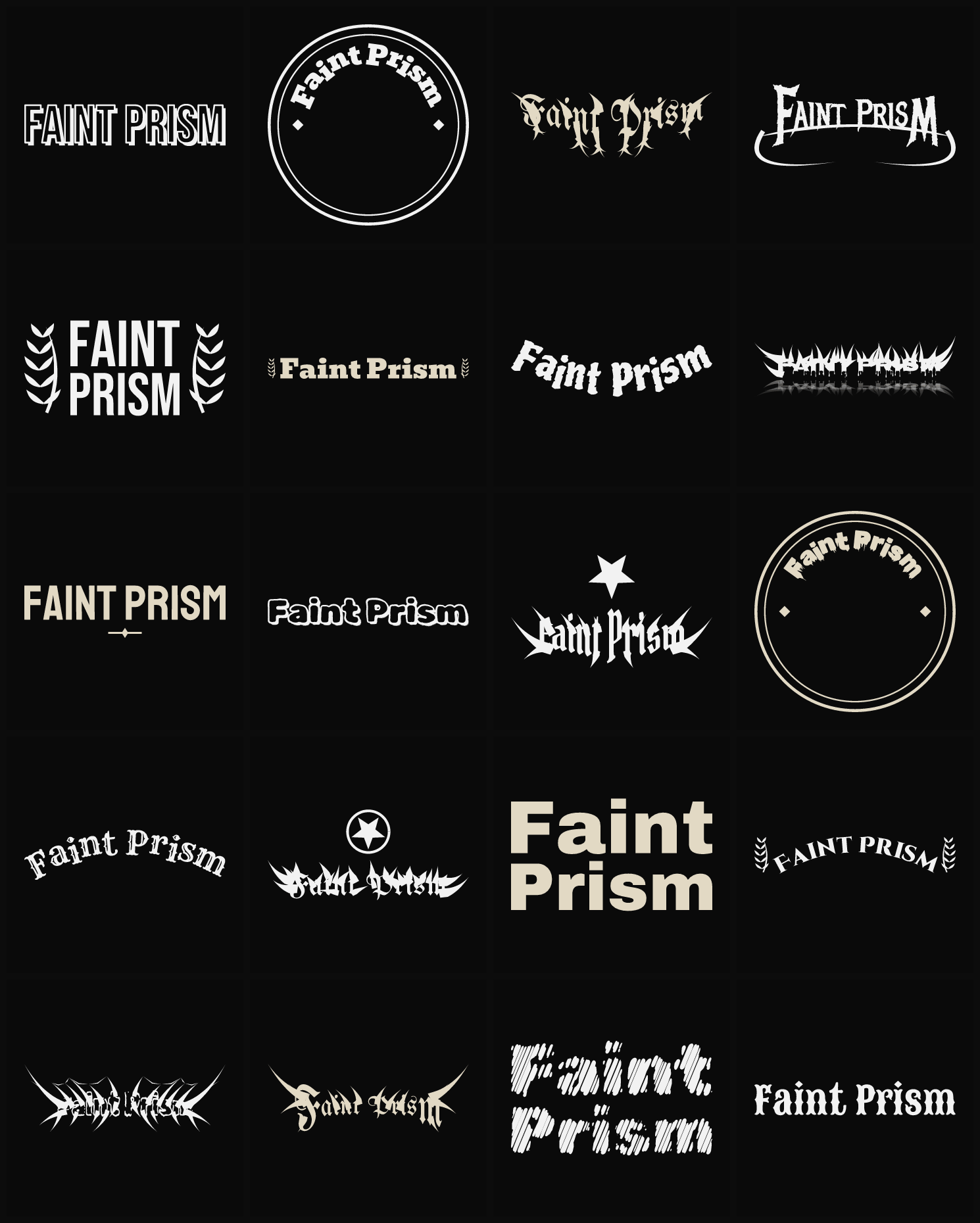 Twenty Faint Prism band logo ideas — different faces, treatments and spike settings