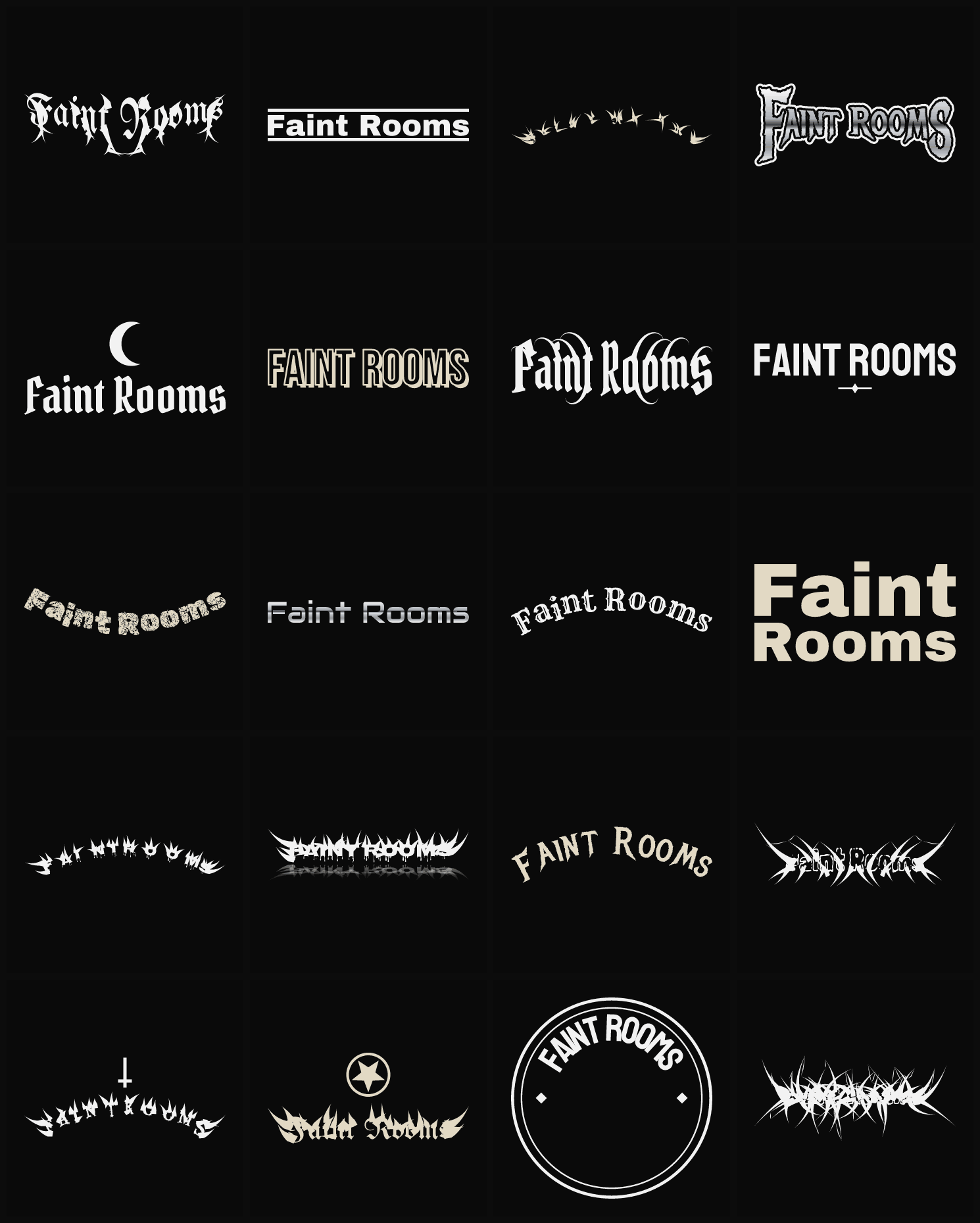 Twenty Faint Rooms band logo ideas — different faces, treatments and spike settings