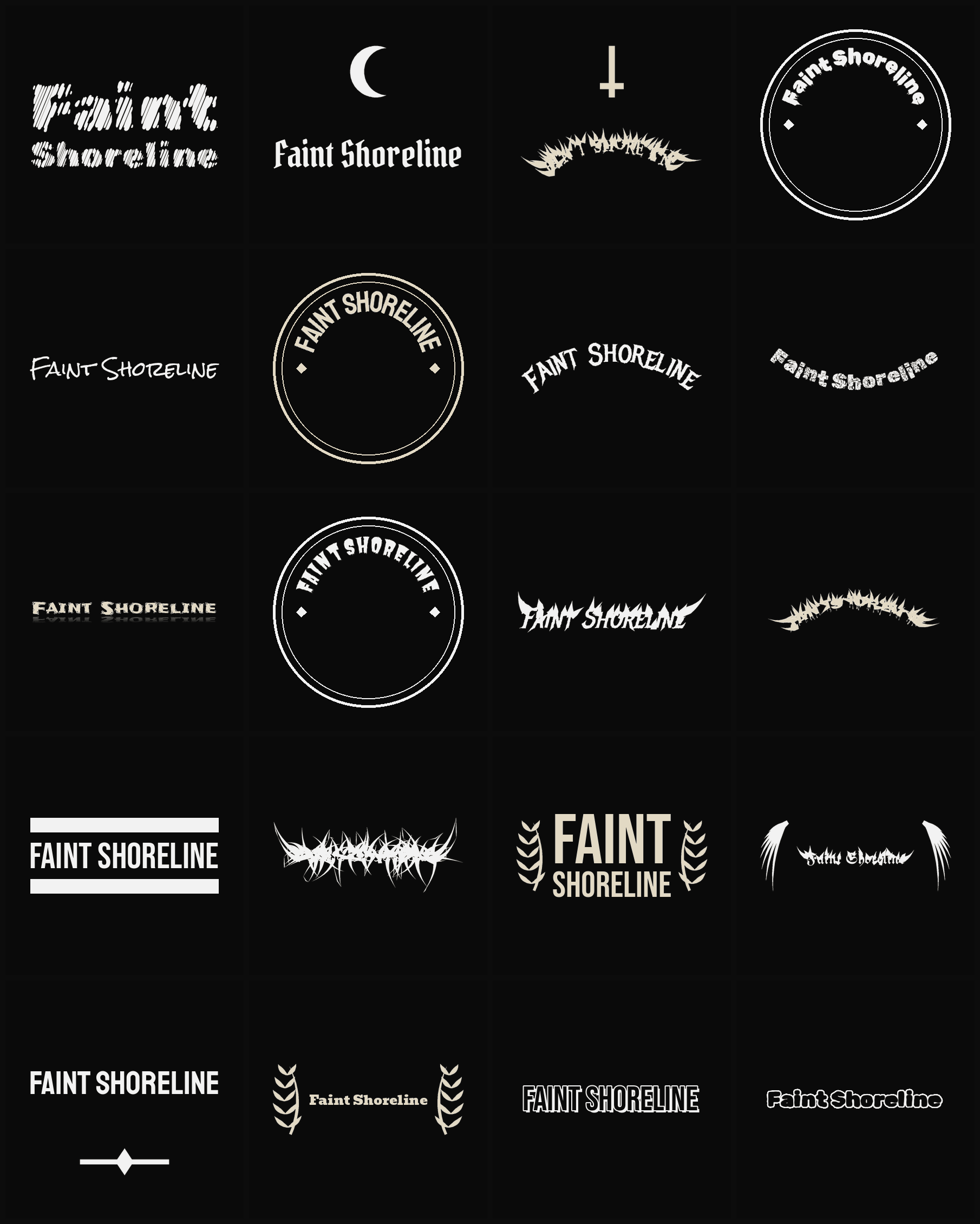 Twenty Faint Shoreline band logo ideas — different faces, treatments and spike settings