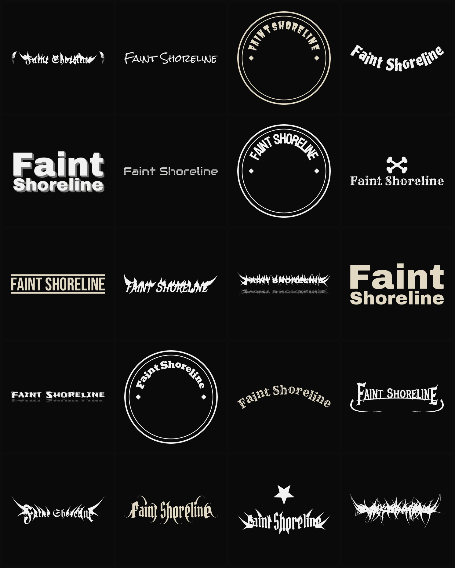 Twenty Faint Shoreline band logo ideas — different faces, treatments and spike settings