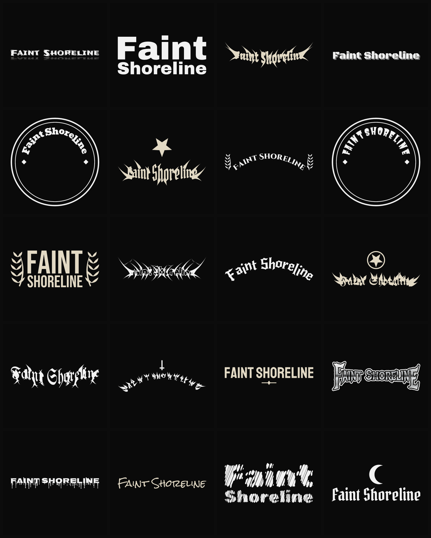 Twenty Faint Shoreline band logo ideas — different faces, treatments and spike settings