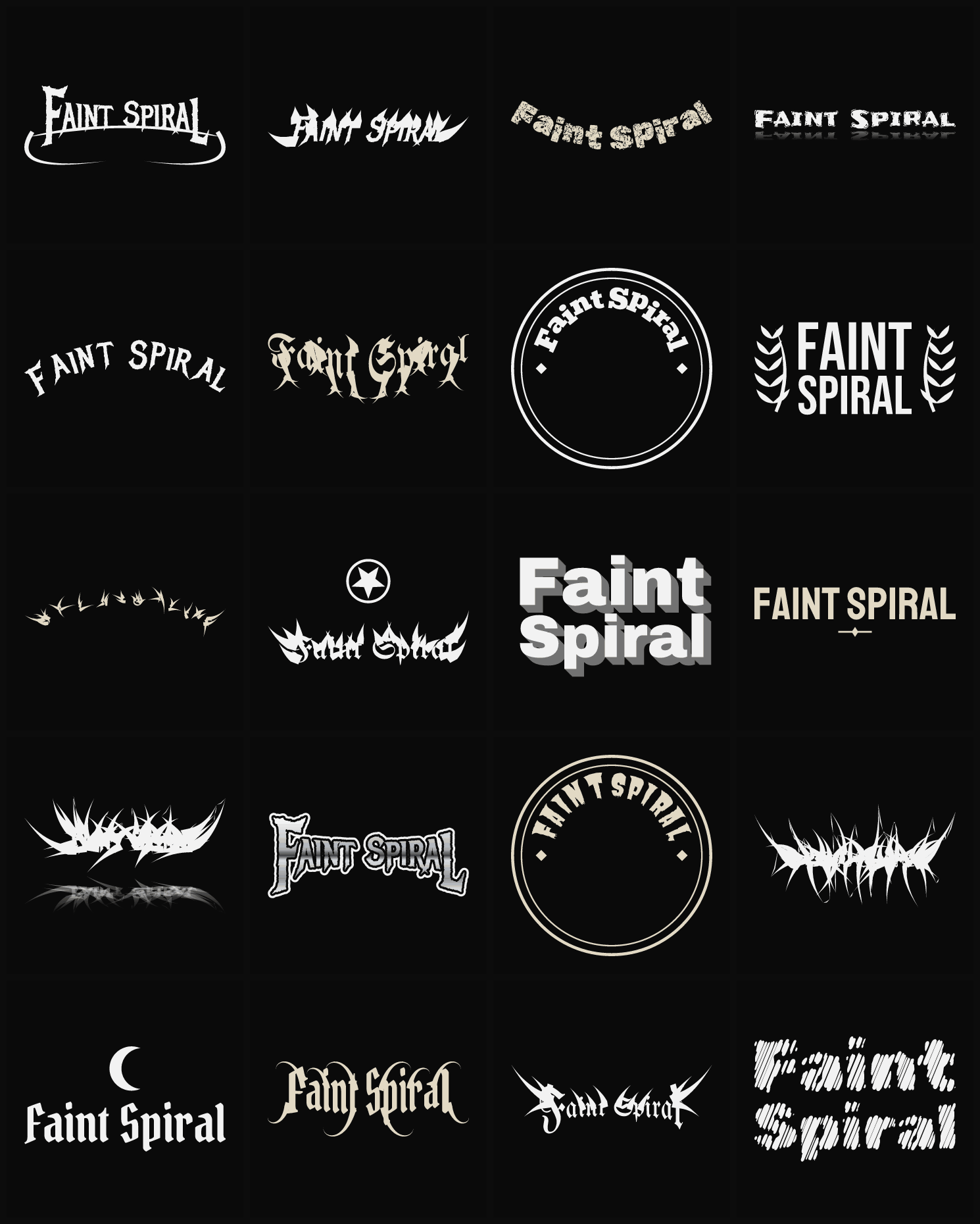 Twenty Faint Spiral band logo ideas — different faces, treatments and spike settings