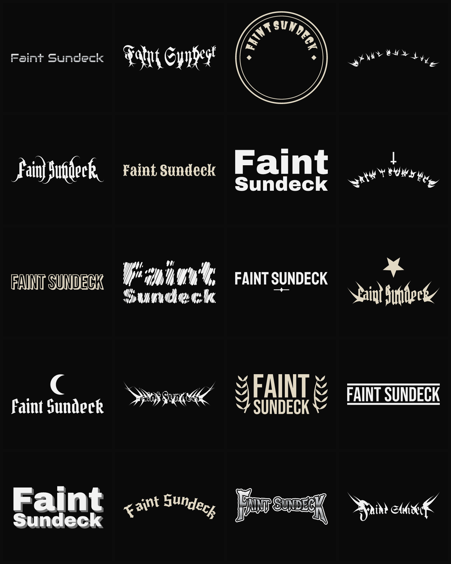 Twenty Faint Sundeck band logo ideas — different faces, treatments and spike settings