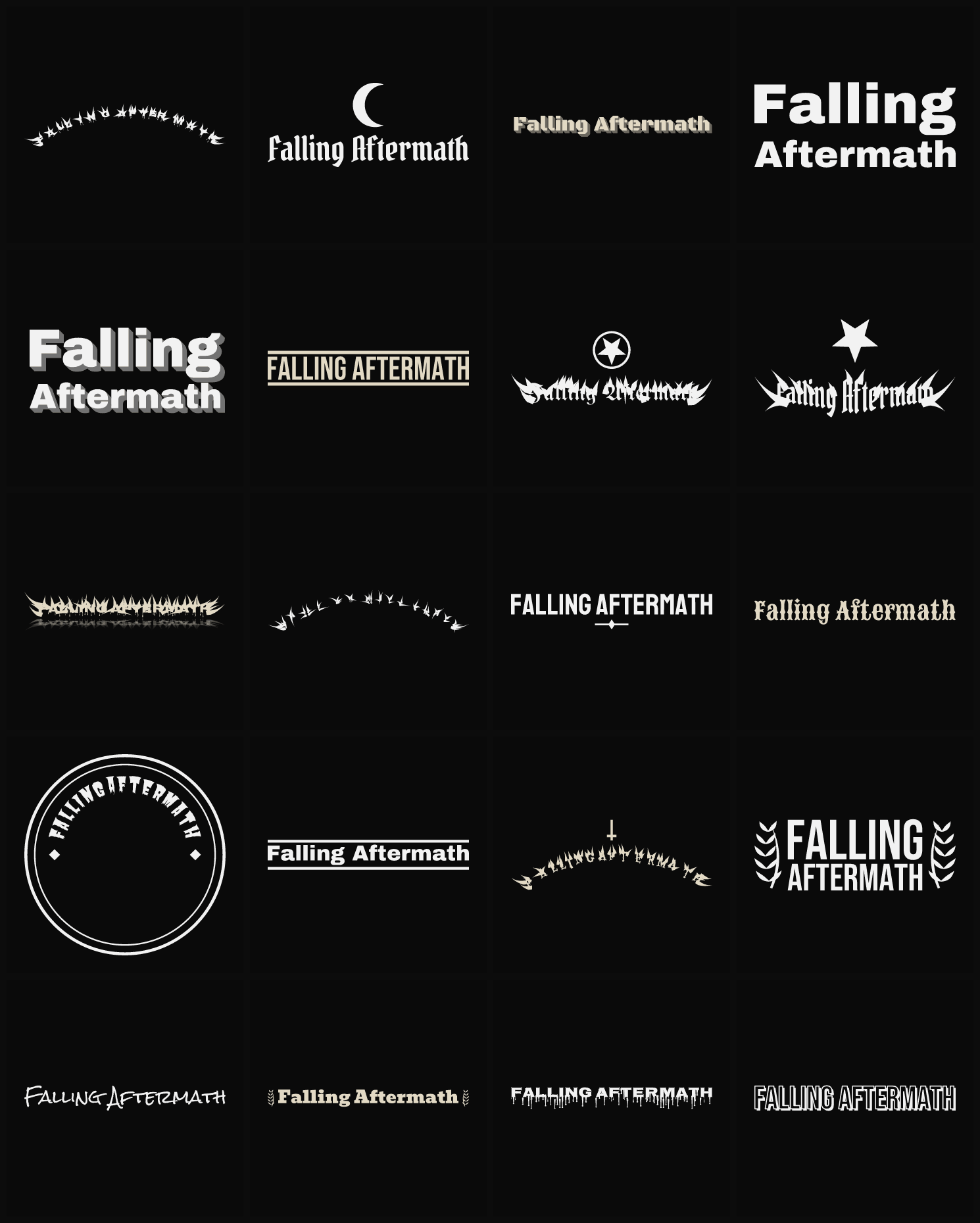 Twenty Falling Aftermath band logo ideas — different faces, treatments and spike settings