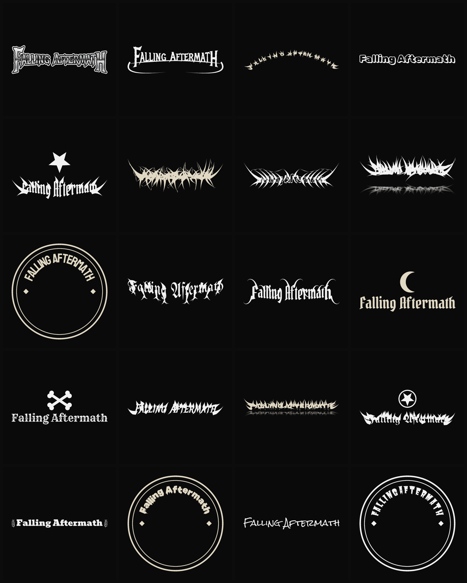 Twenty Falling Aftermath band logo ideas — different faces, treatments and spike settings