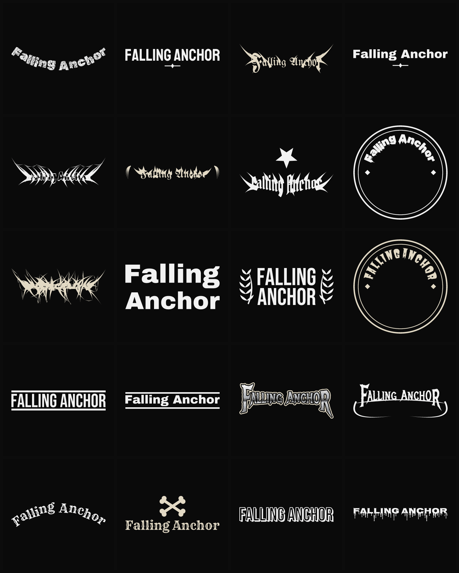 Twenty Falling Anchor band logo ideas — different faces, treatments and spike settings