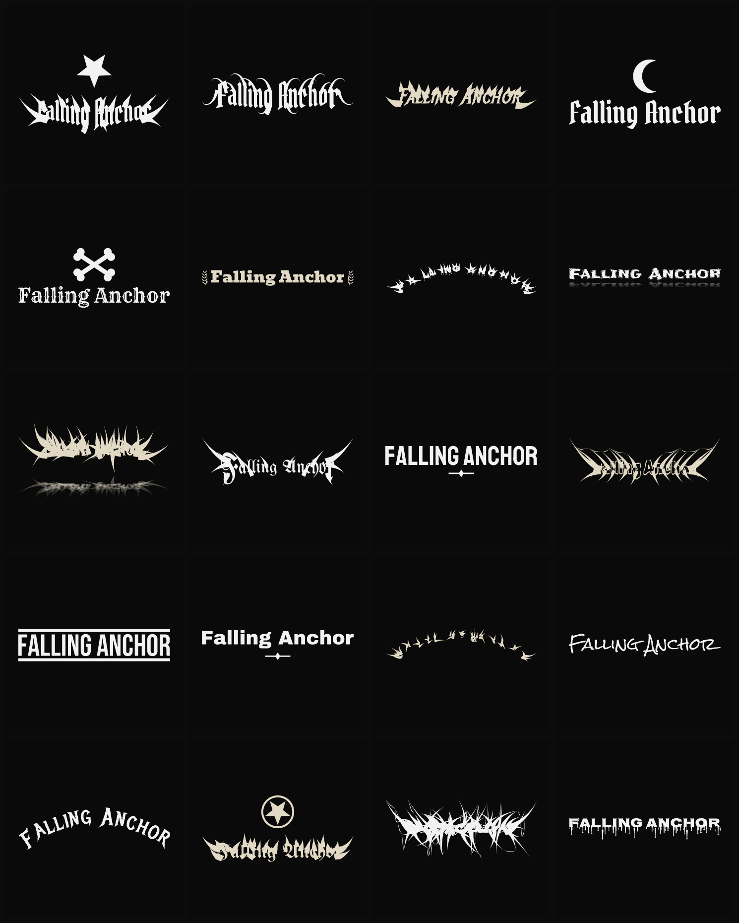 Twenty Falling Anchor band logo ideas — different faces, treatments and spike settings