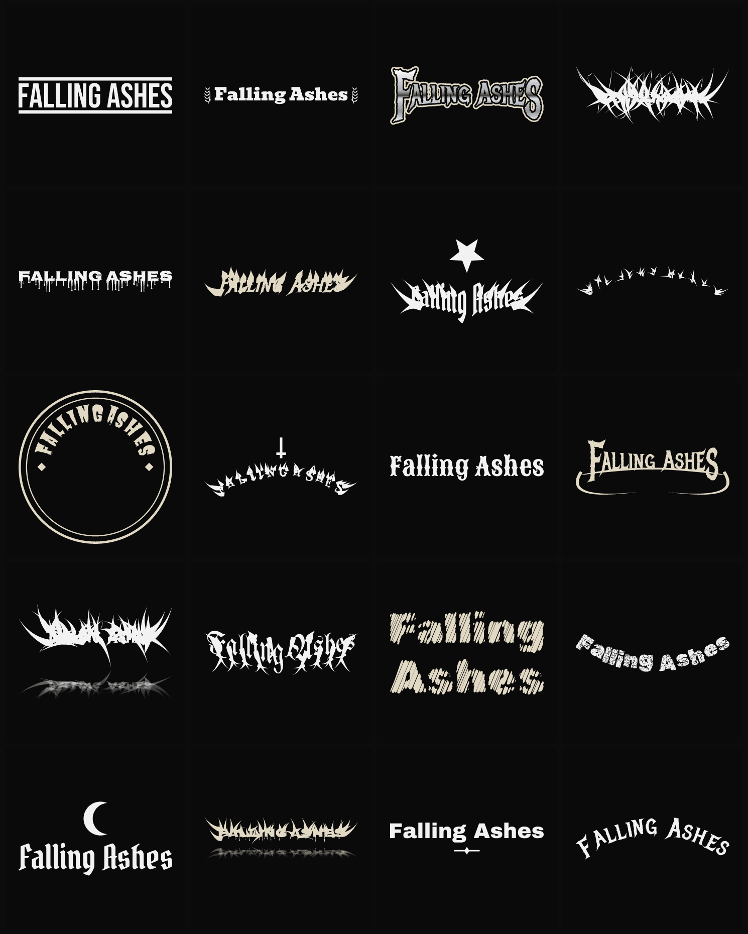 Twenty Falling Ashes band logo ideas — different faces, treatments and spike settings