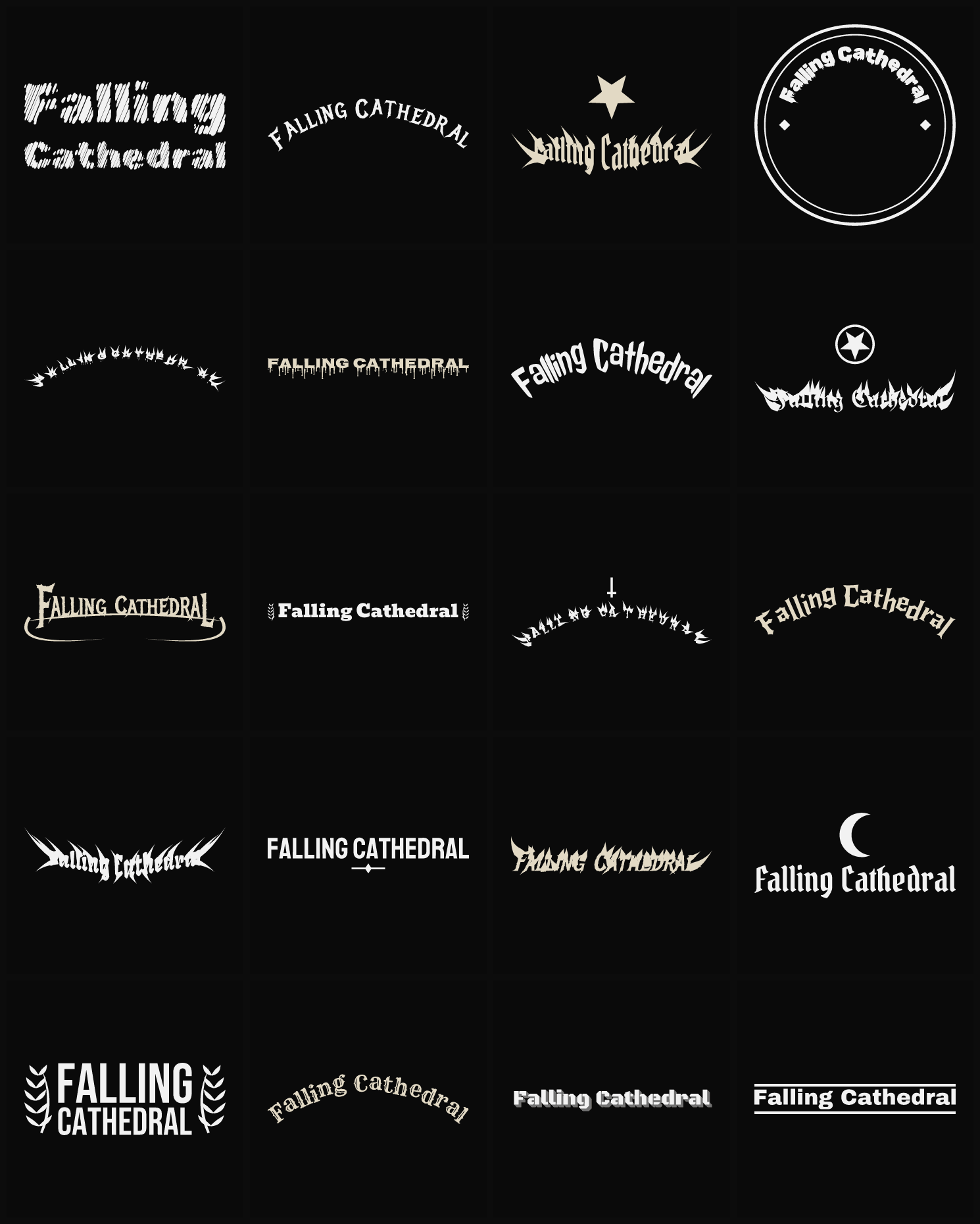 Twenty Falling Cathedral band logo ideas — different faces, treatments and spike settings