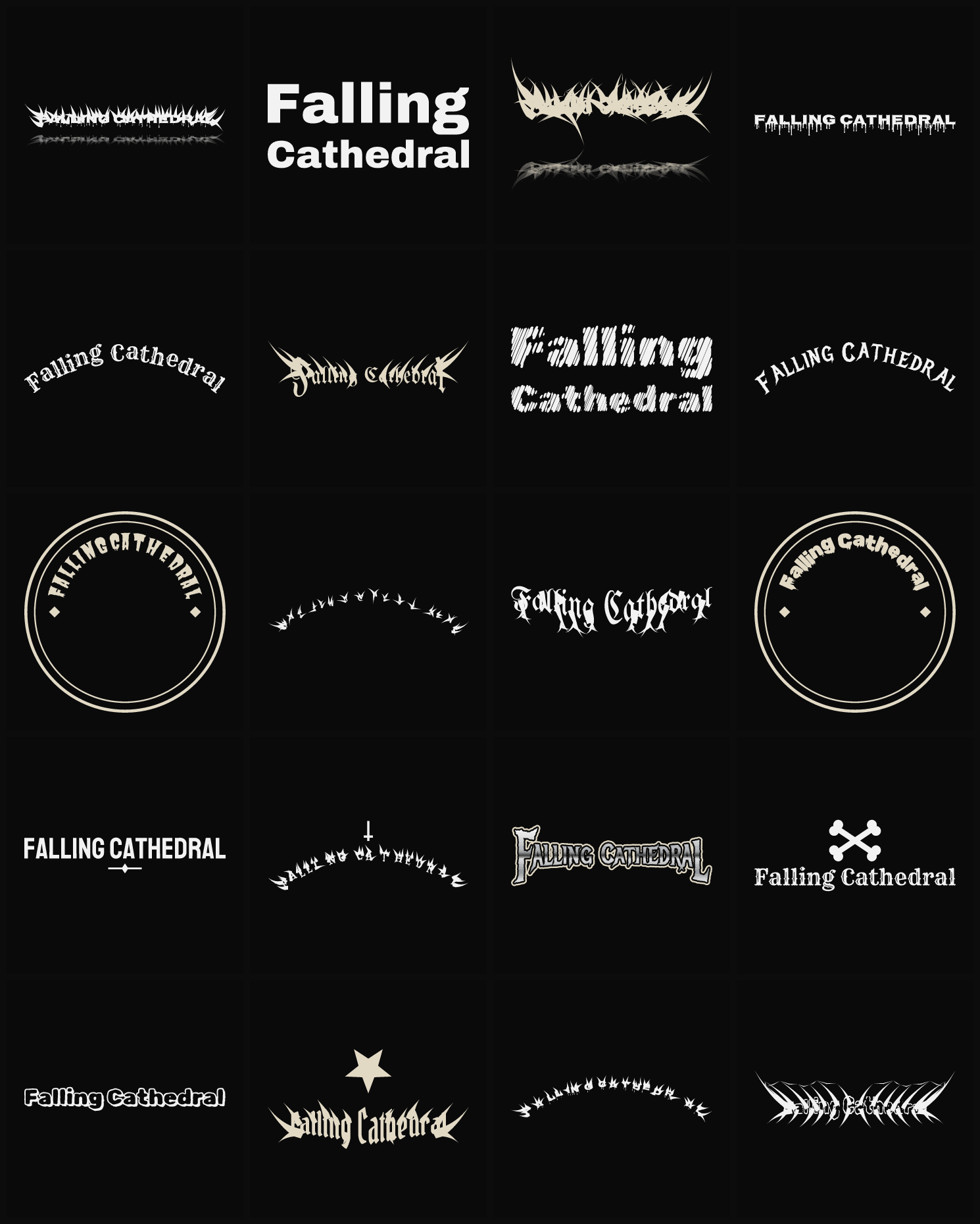 Twenty Falling Cathedral band logo ideas — different faces, treatments and spike settings
