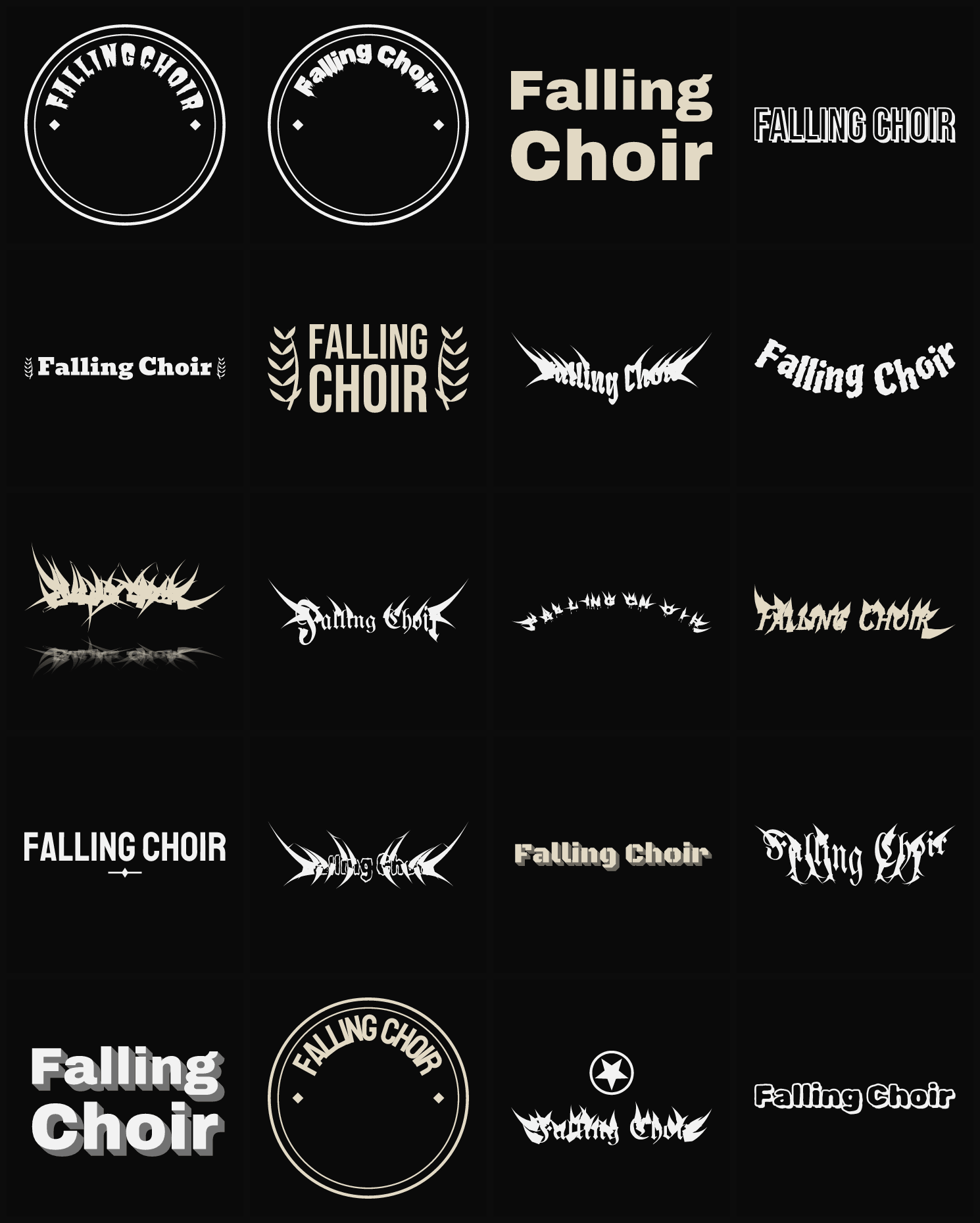 Twenty Falling Choir band logo ideas — different faces, treatments and spike settings