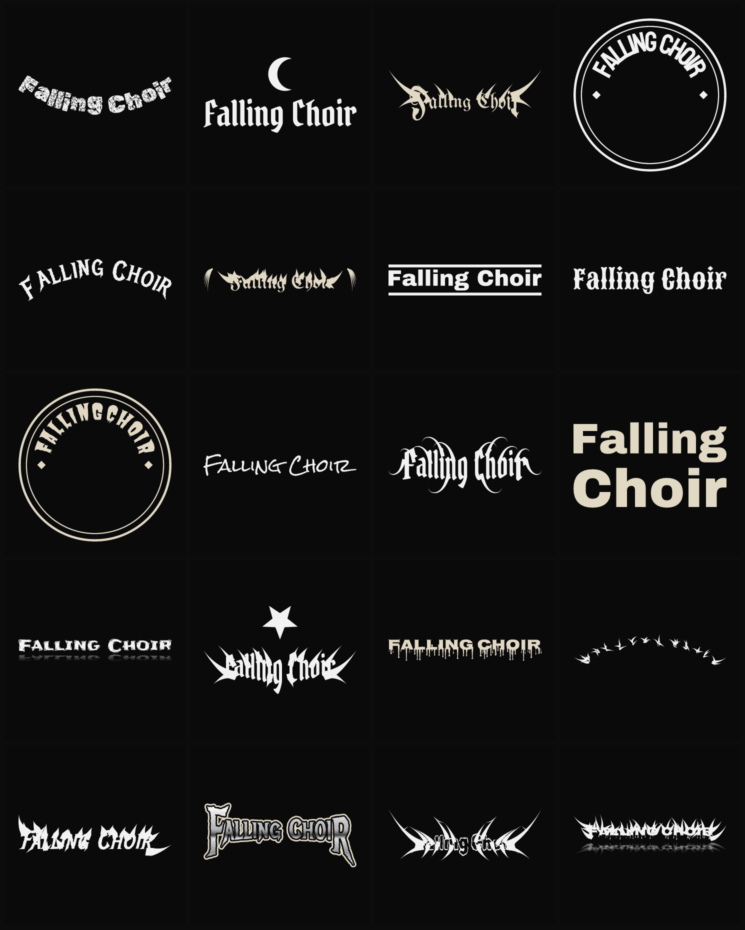 Twenty Falling Choir band logo ideas — different faces, treatments and spike settings