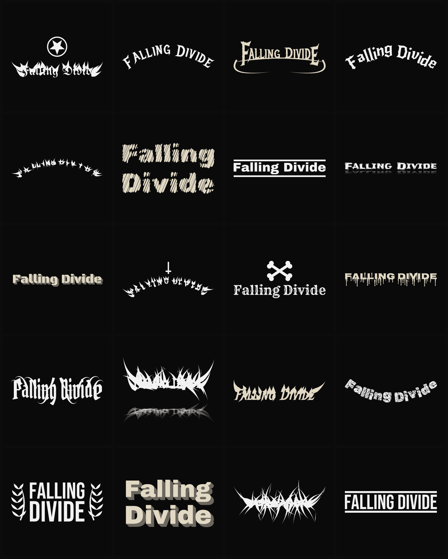Twenty Falling Divide band logo ideas — different faces, treatments and spike settings