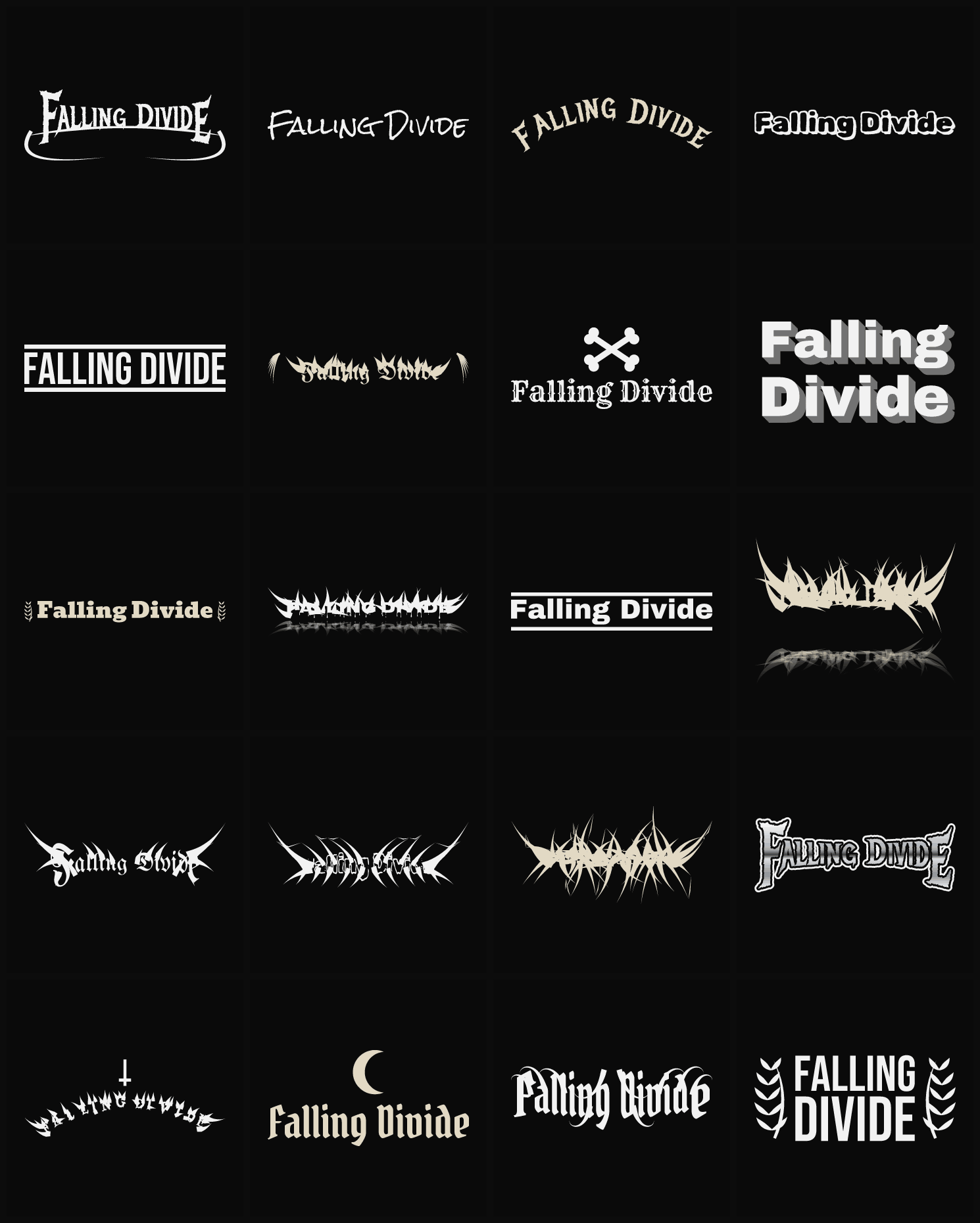 Twenty Falling Divide band logo ideas — different faces, treatments and spike settings