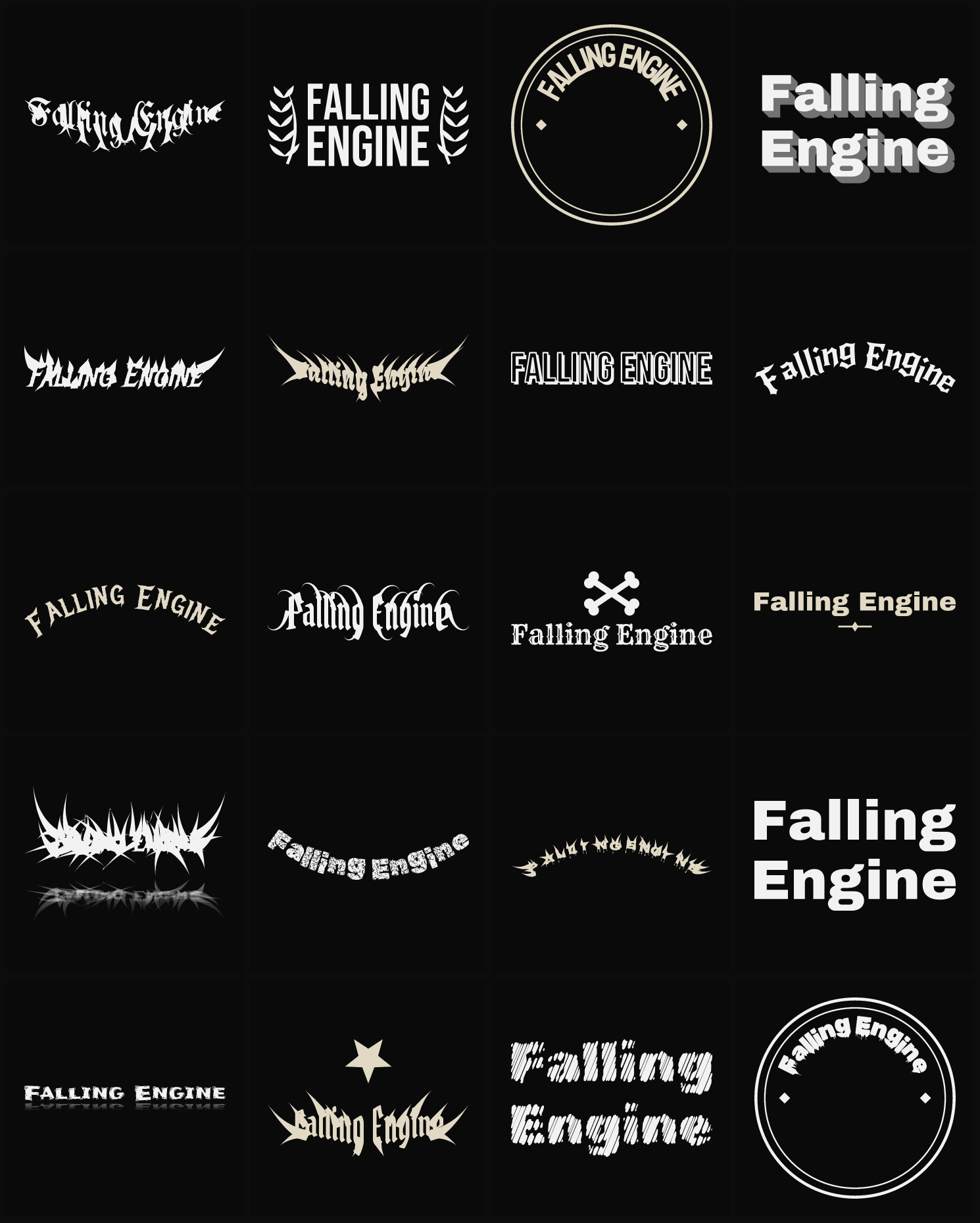 Twenty Falling Engine band logo ideas — different faces, treatments and spike settings