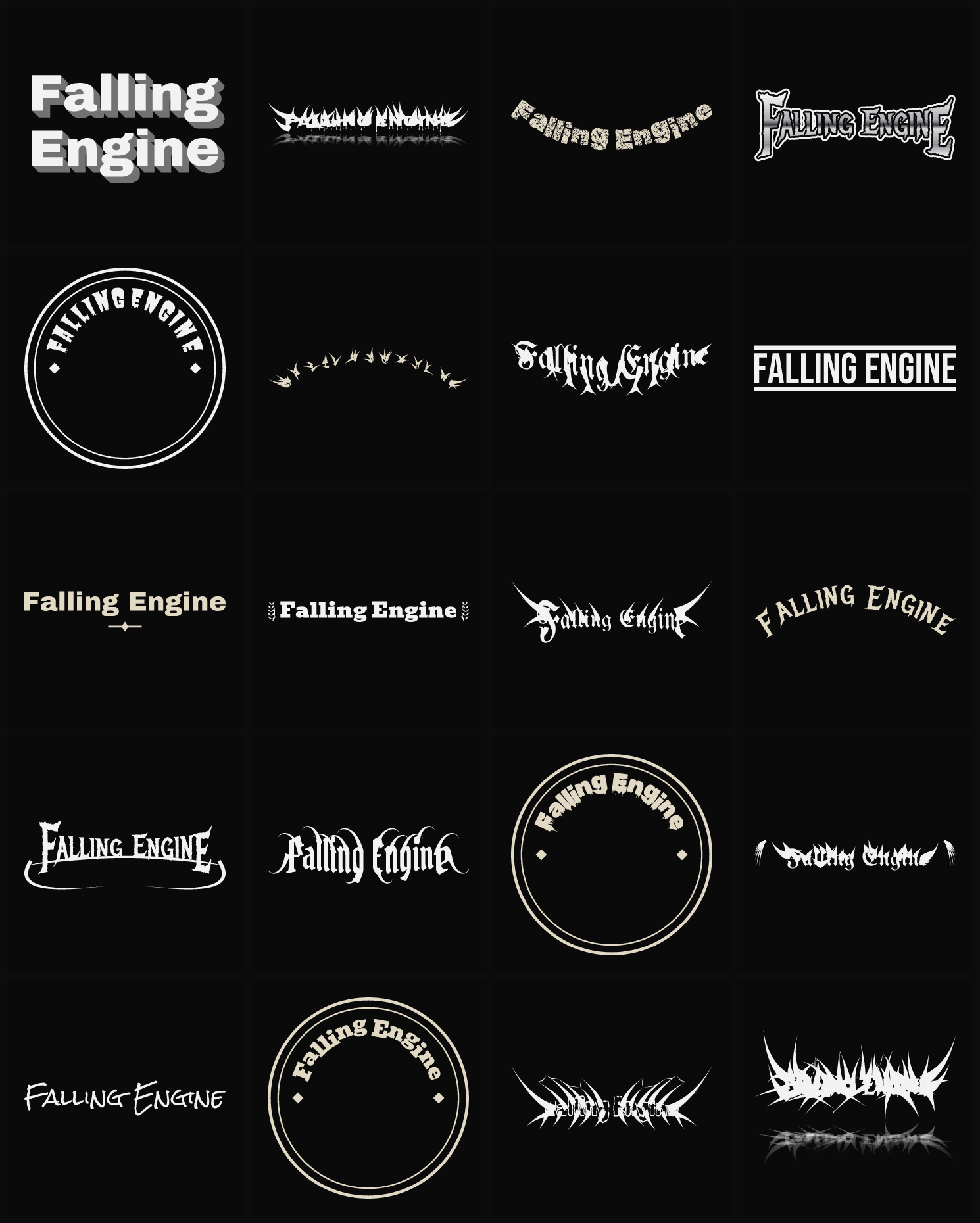 Twenty Falling Engine band logo ideas — different faces, treatments and spike settings