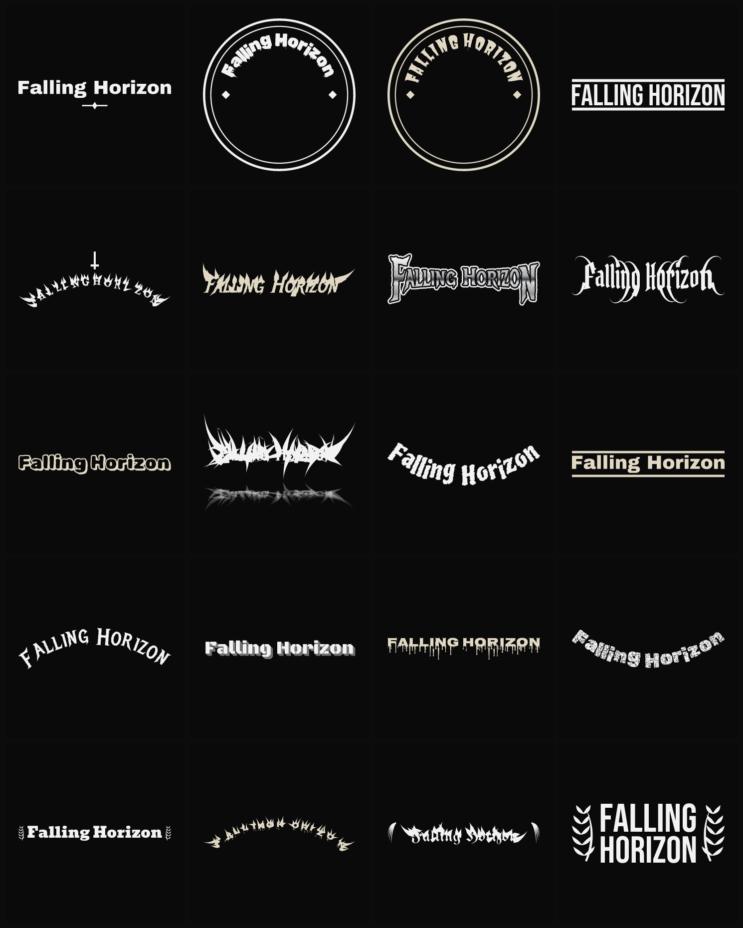 Twenty Falling Horizon band logo ideas — different faces, treatments and spike settings