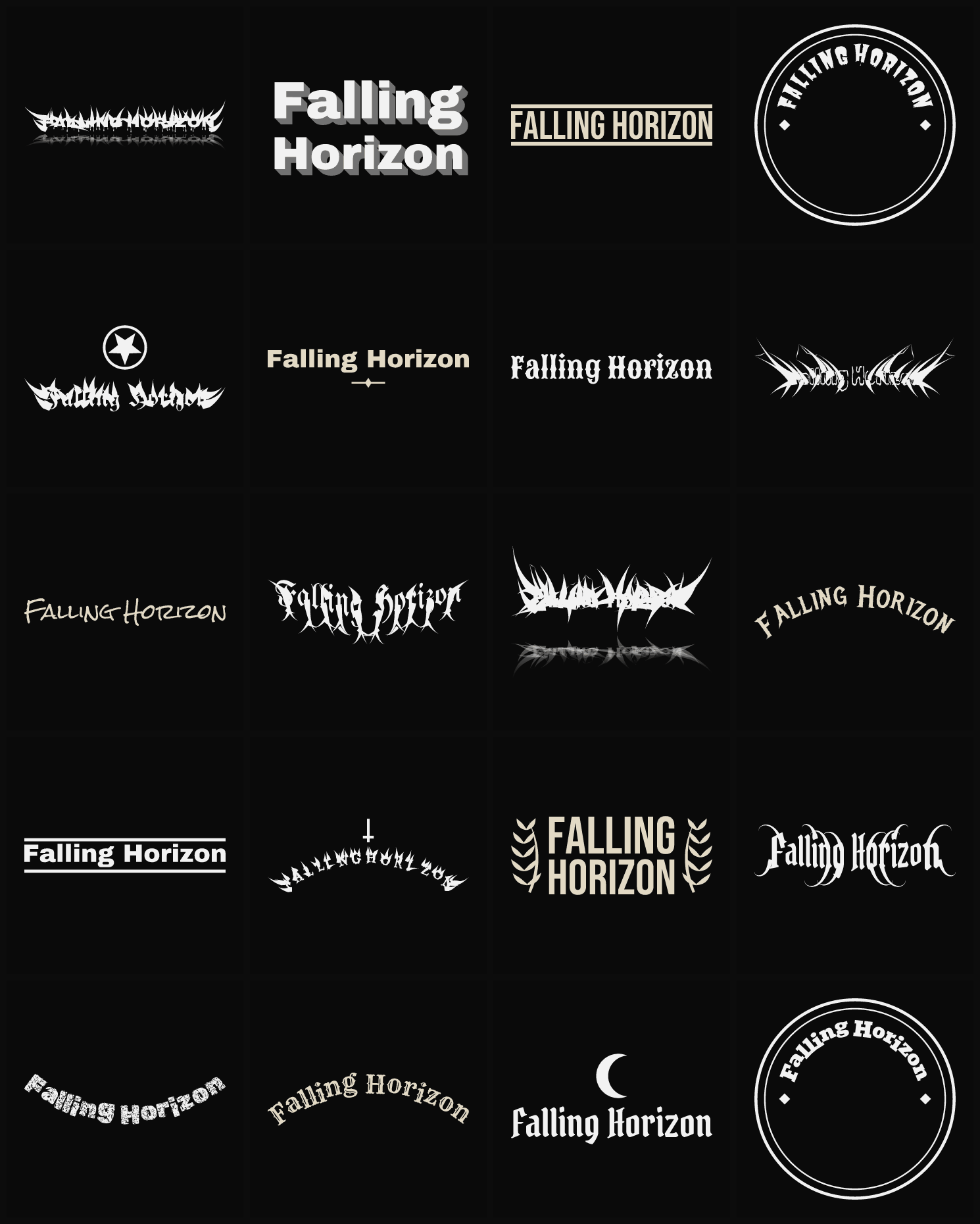 Twenty Falling Horizon band logo ideas — different faces, treatments and spike settings