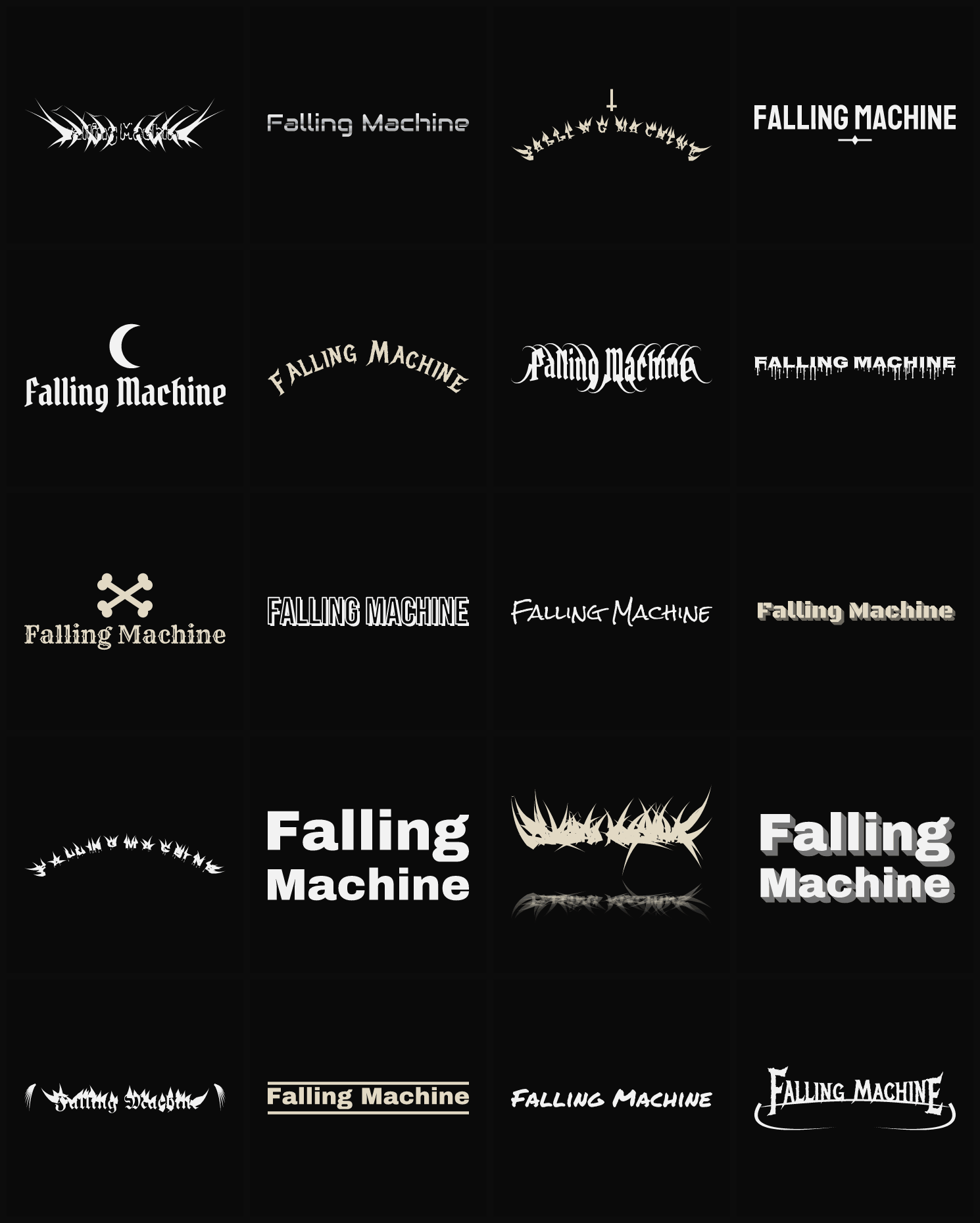 Twenty Falling Machine band logo ideas — different faces, treatments and spike settings