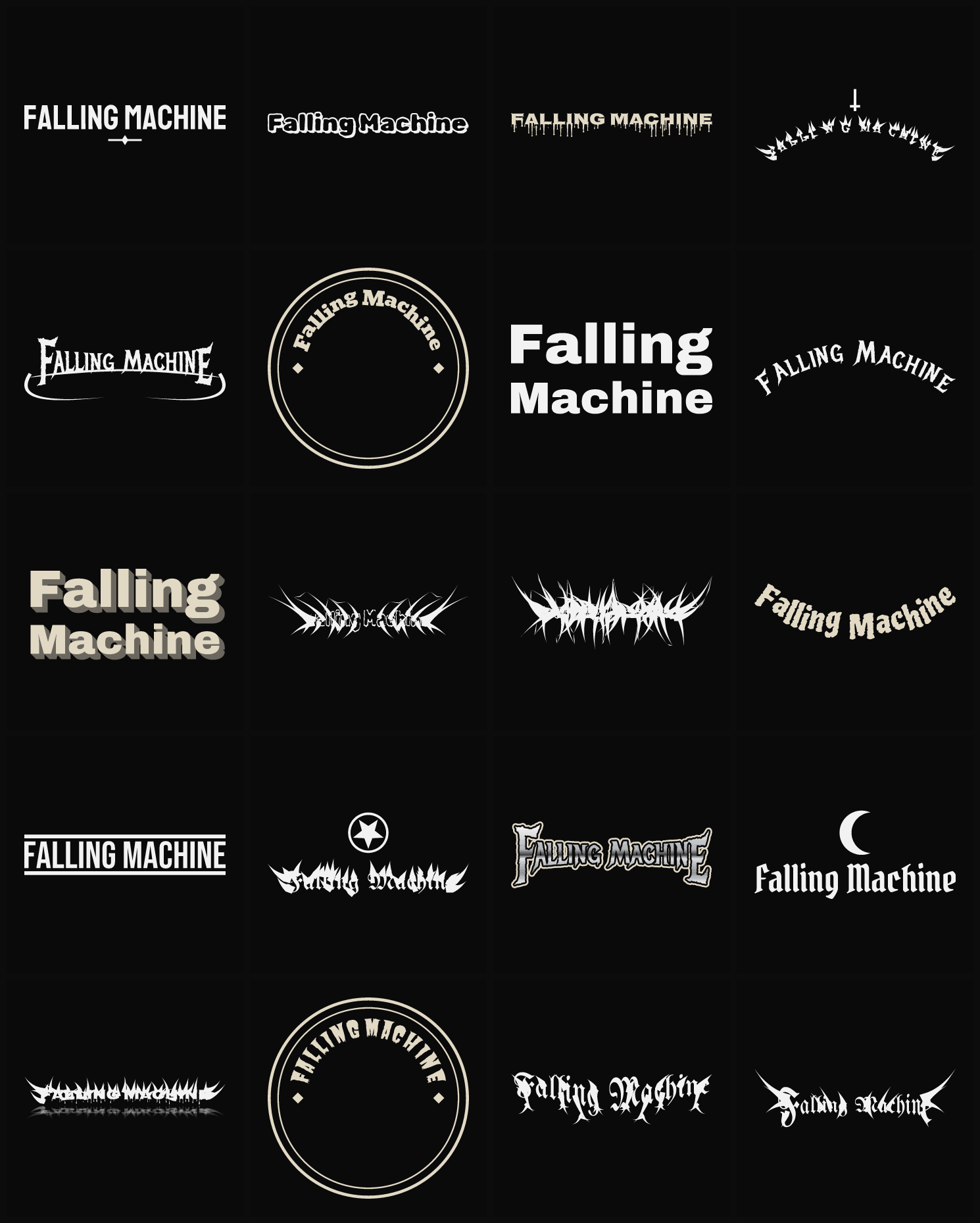 Twenty Falling Machine band logo ideas — different faces, treatments and spike settings
