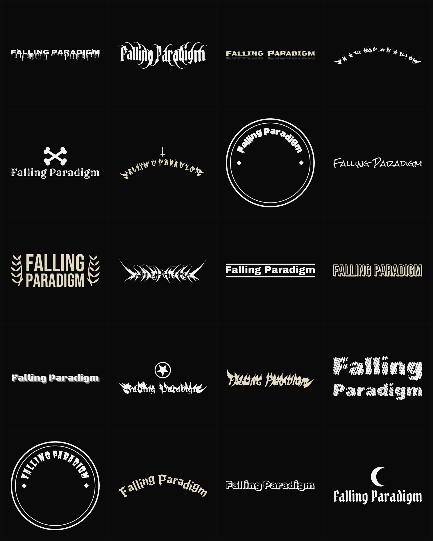 Twenty Falling Paradigm band logo ideas — different faces, treatments and spike settings