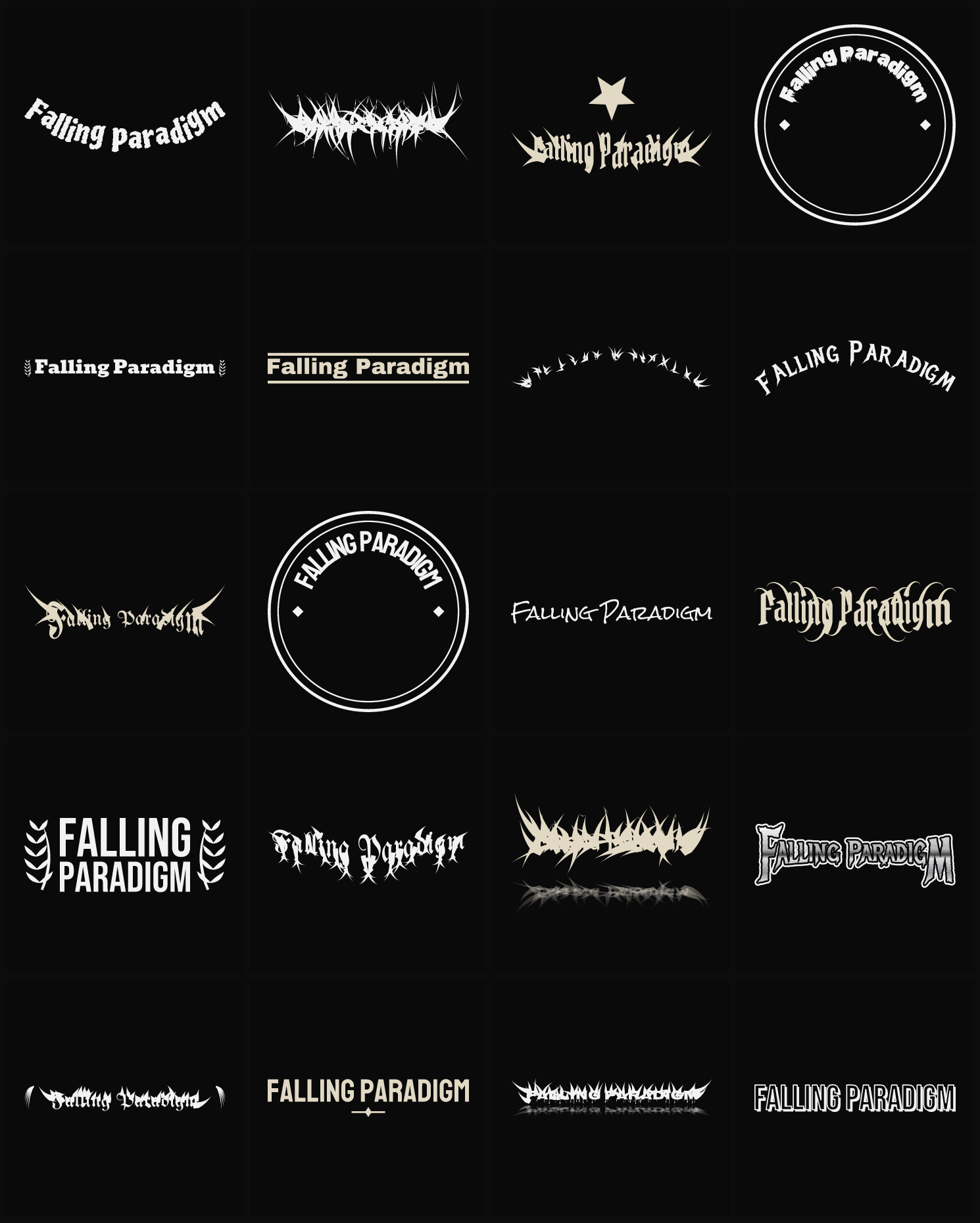 Twenty Falling Paradigm band logo ideas — different faces, treatments and spike settings