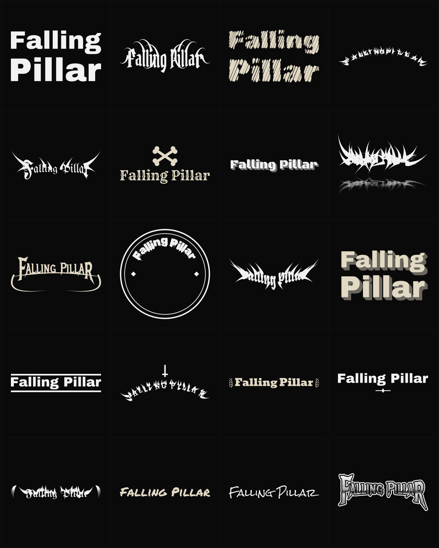 Twenty Falling Pillar band logo ideas — different faces, treatments and spike settings