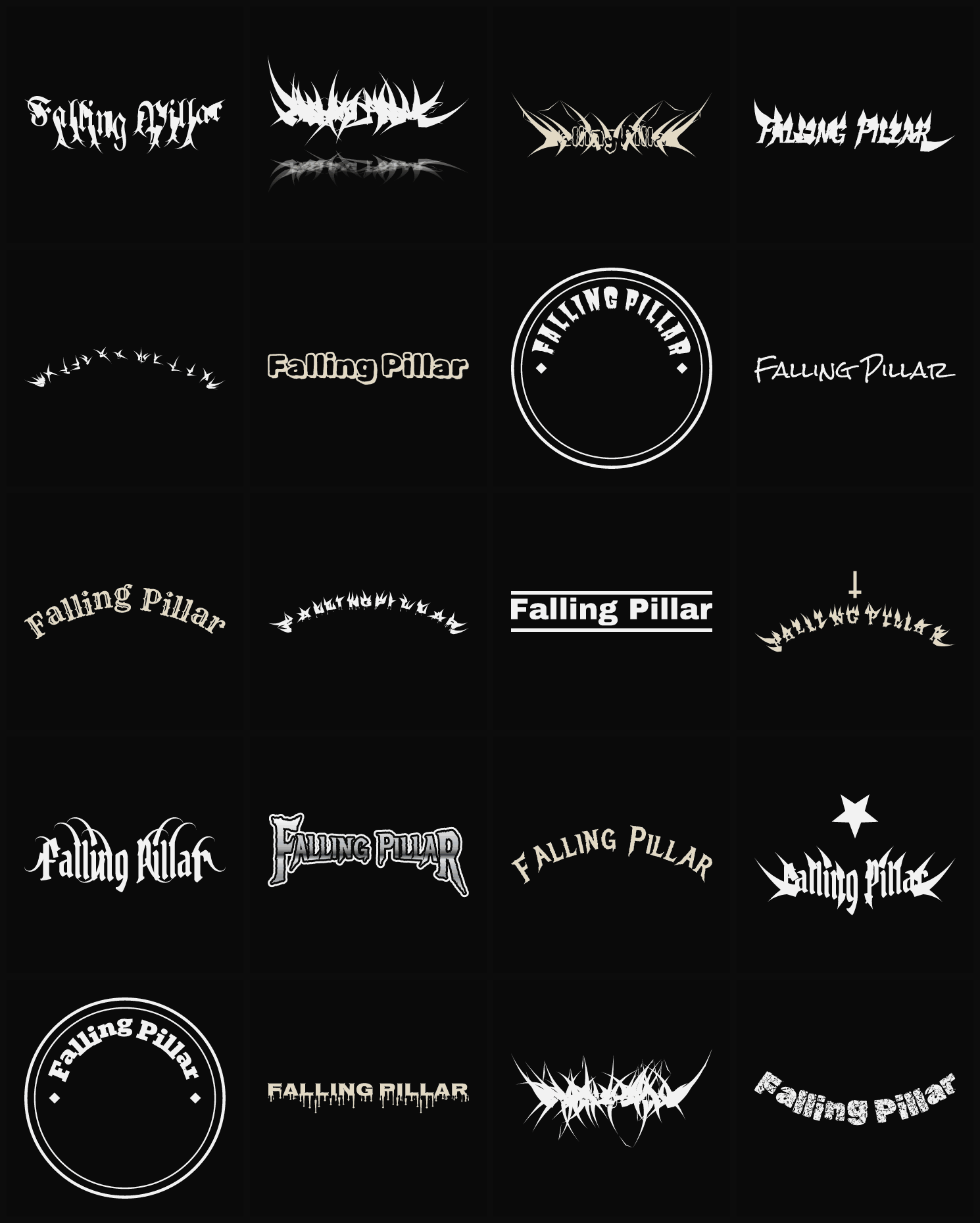 Twenty Falling Pillar band logo ideas — different faces, treatments and spike settings