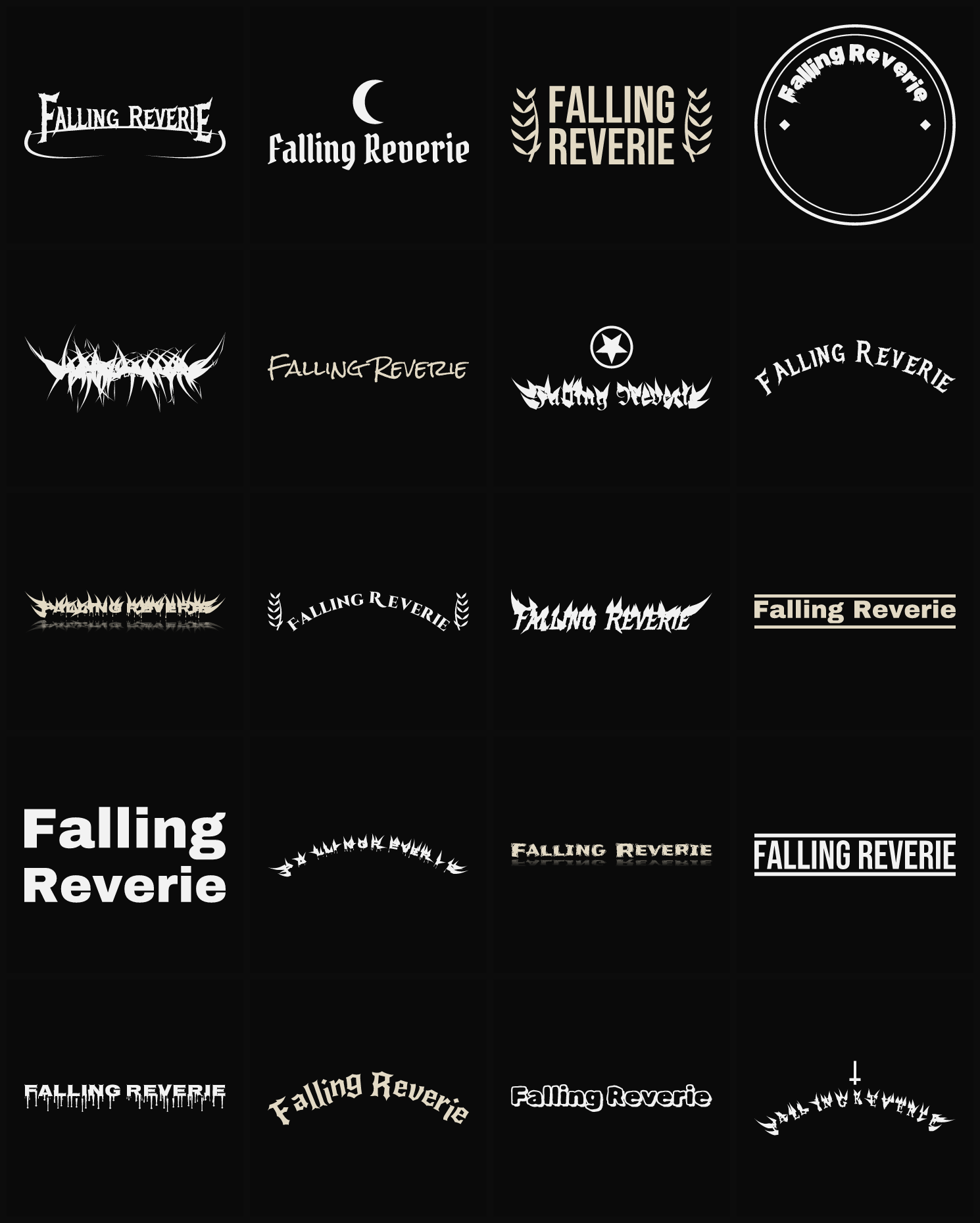 Twenty Falling Reverie band logo ideas — different faces, treatments and spike settings