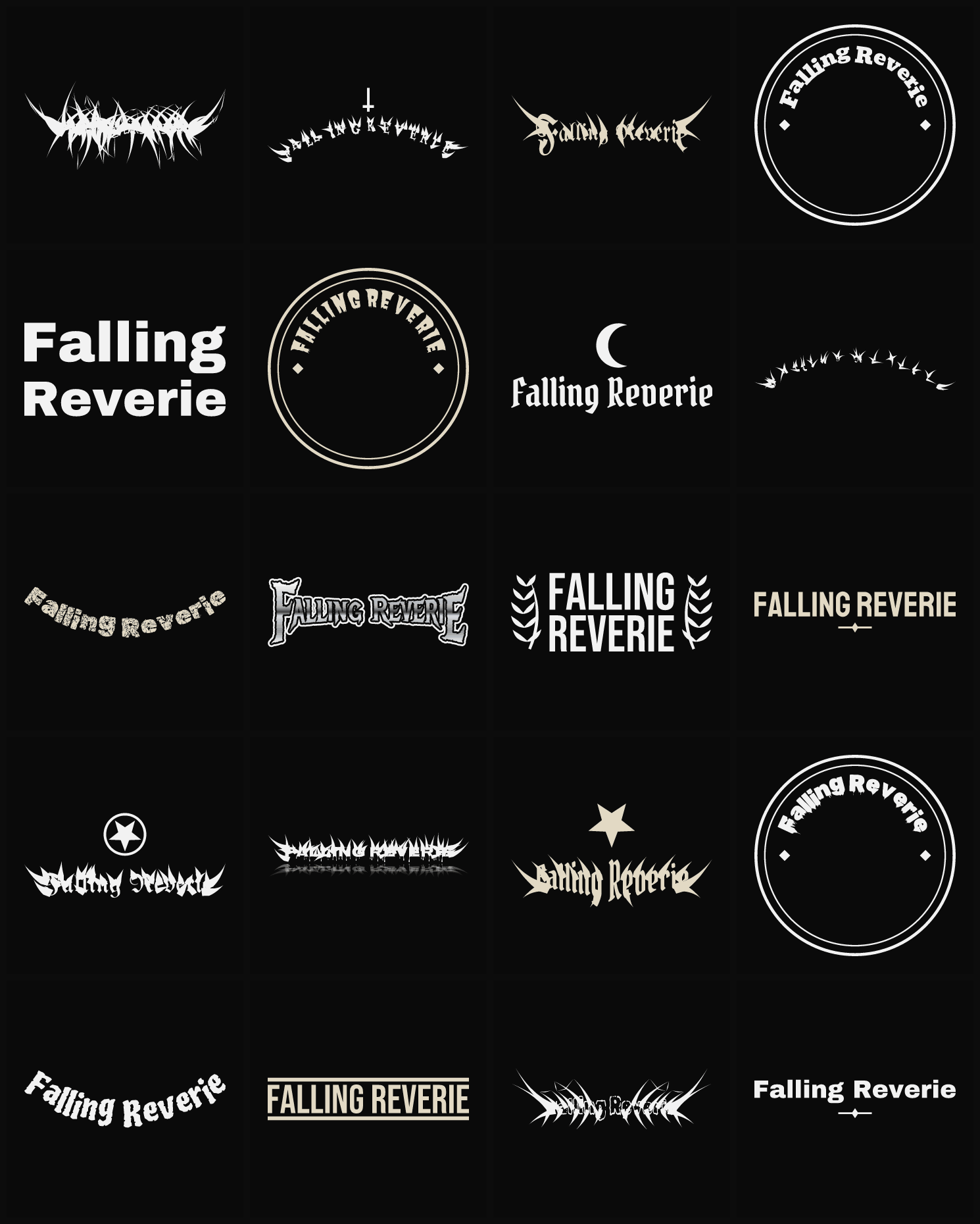 Twenty Falling Reverie band logo ideas — different faces, treatments and spike settings