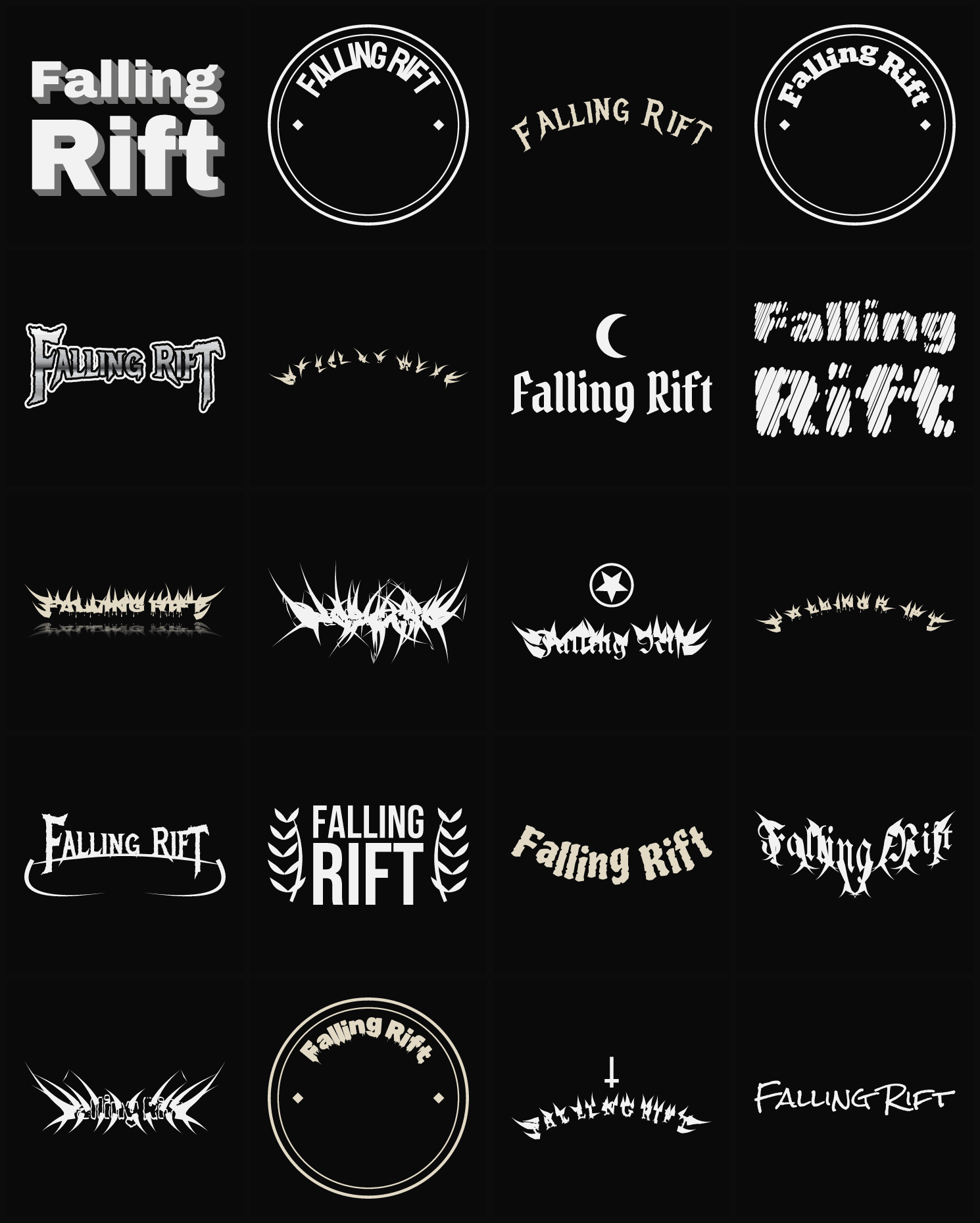 Twenty Falling Rift band logo ideas — different faces, treatments and spike settings