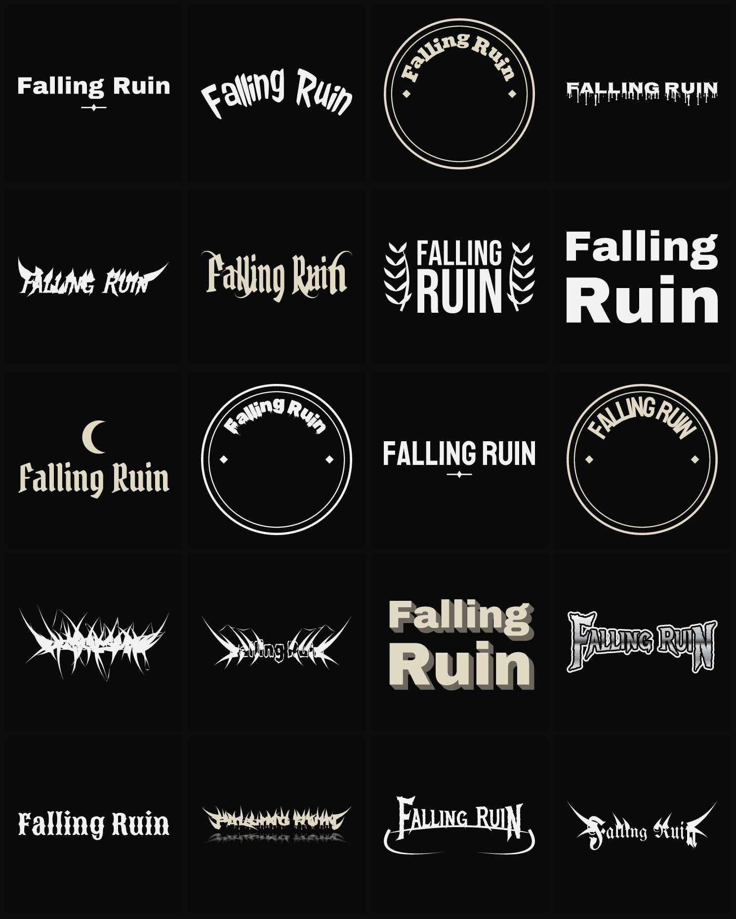 Twenty Falling Ruin band logo ideas — different faces, treatments and spike settings