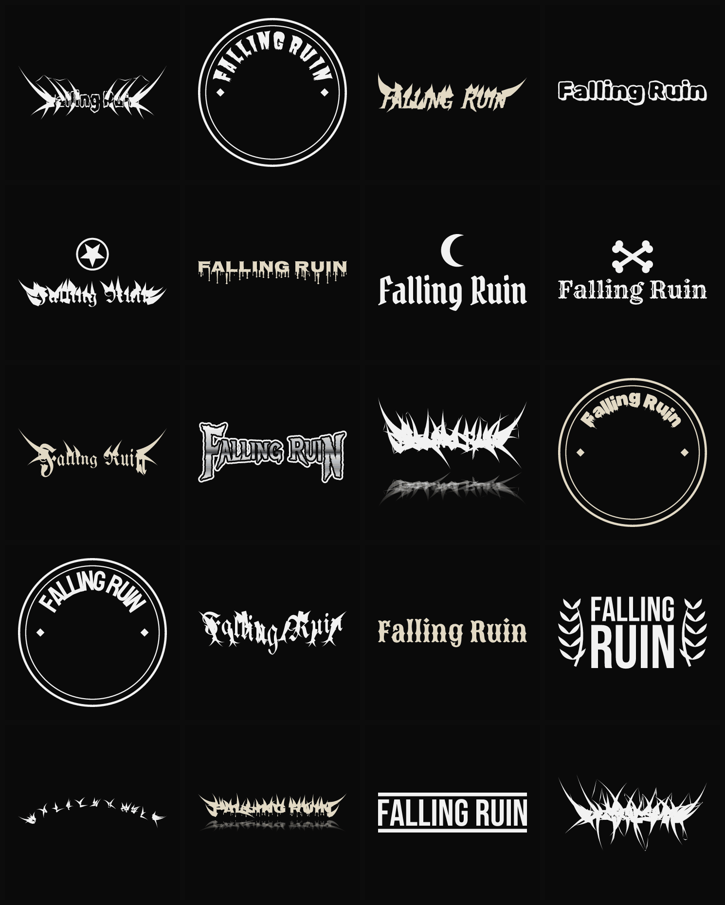 Twenty Falling Ruin band logo ideas — different faces, treatments and spike settings