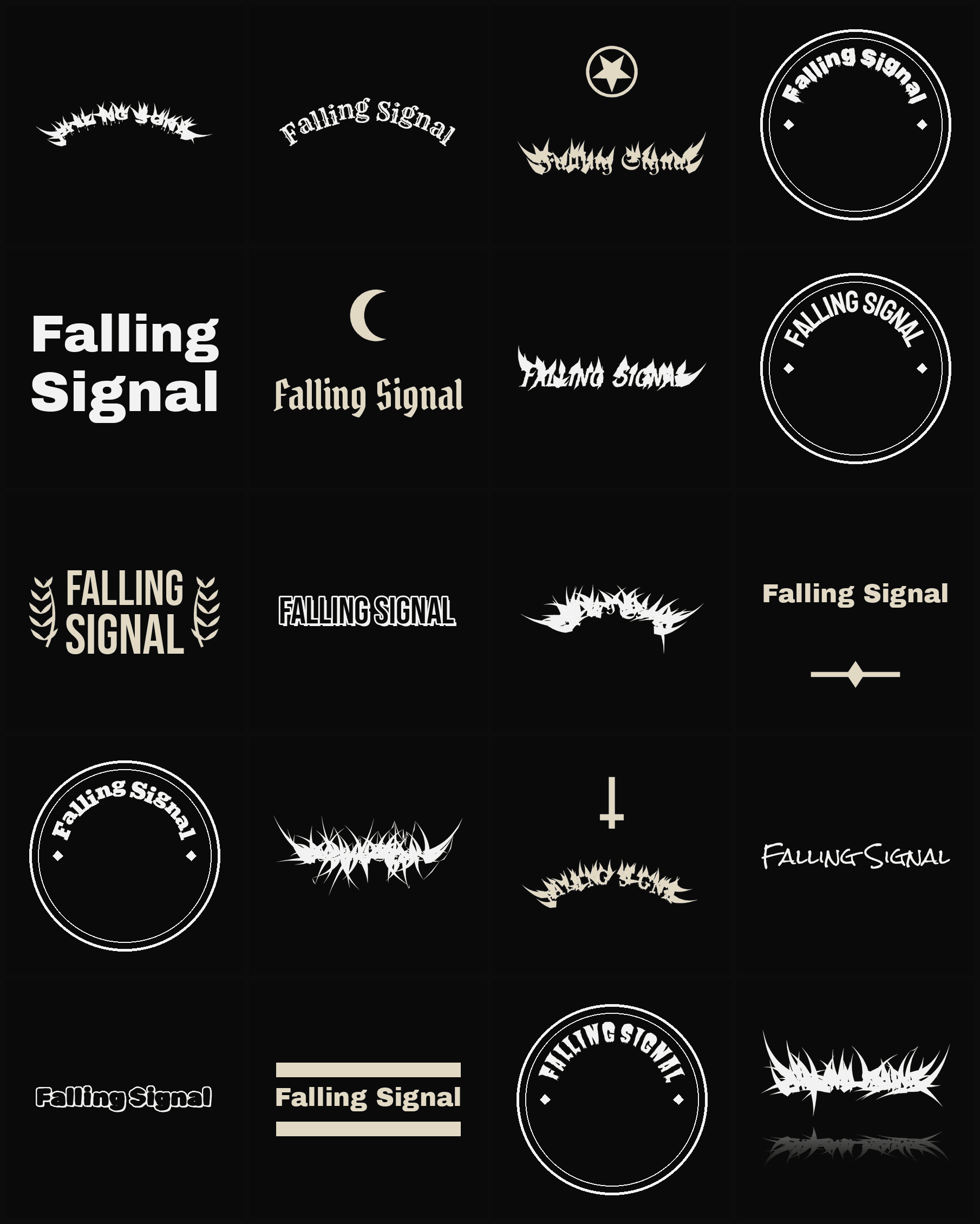 Twenty Falling Signal band logo ideas — different faces, treatments and spike settings