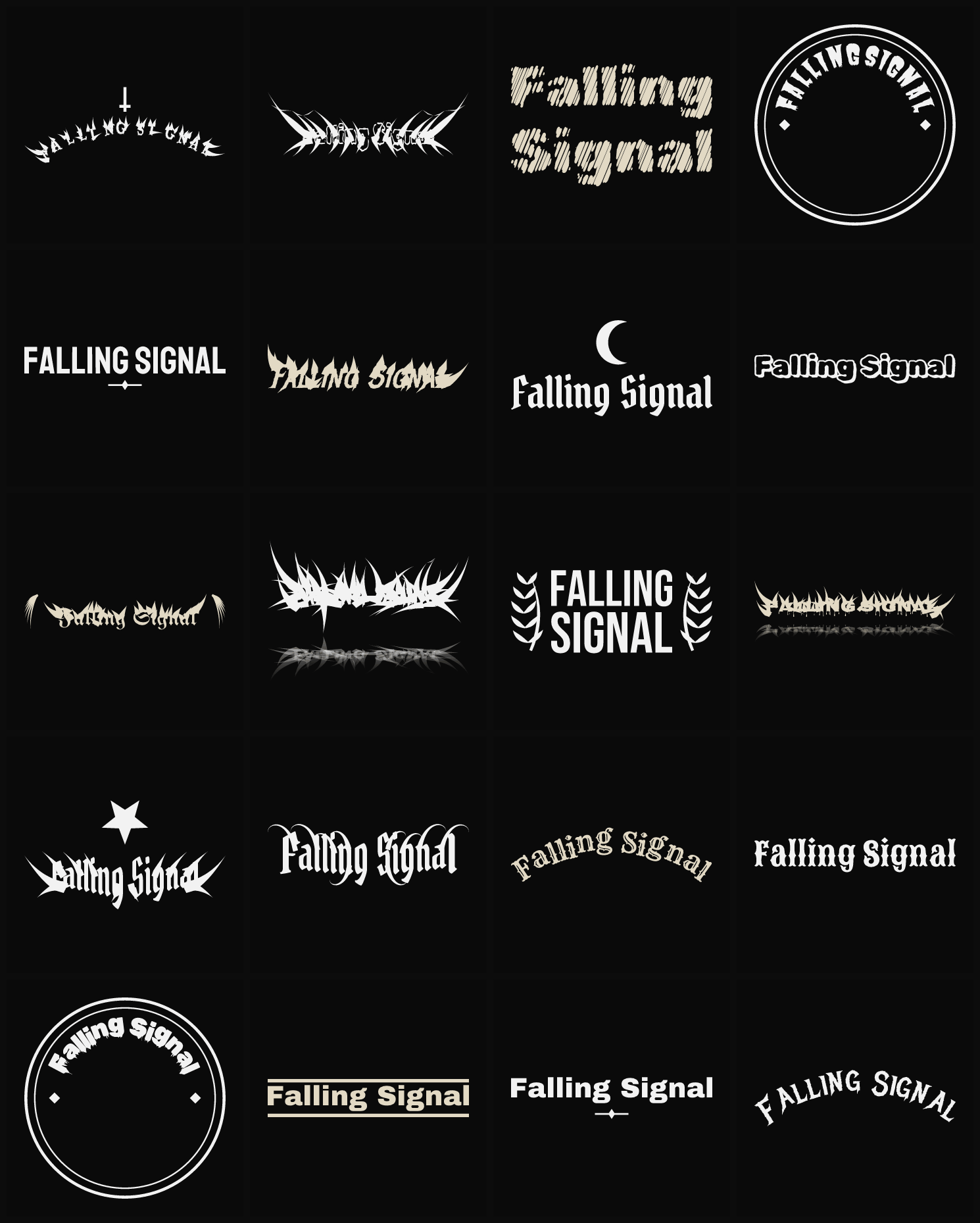 Twenty Falling Signal band logo ideas — different faces, treatments and spike settings