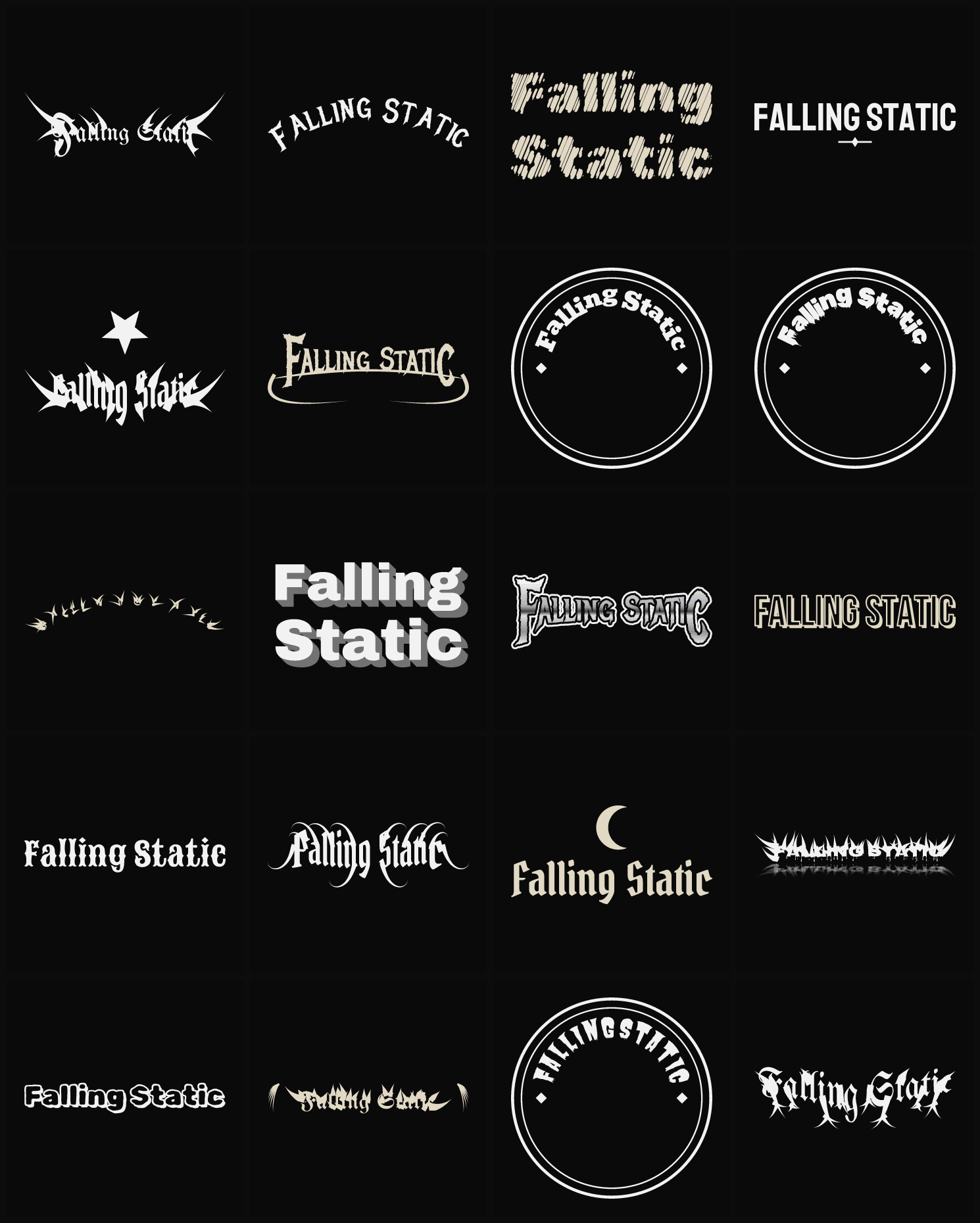 Twenty Falling Static band logo ideas — different faces, treatments and spike settings