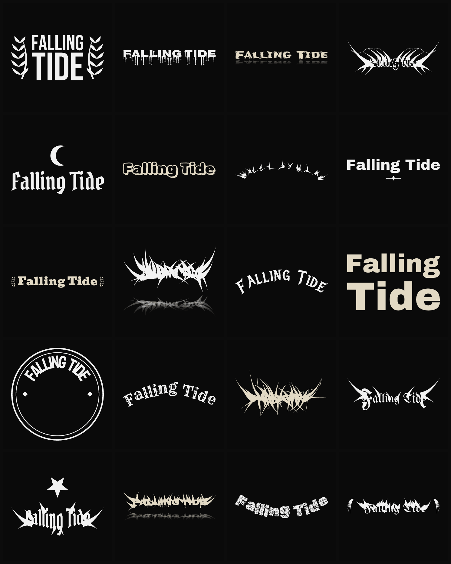 Twenty Falling Tide band logo ideas — different faces, treatments and spike settings