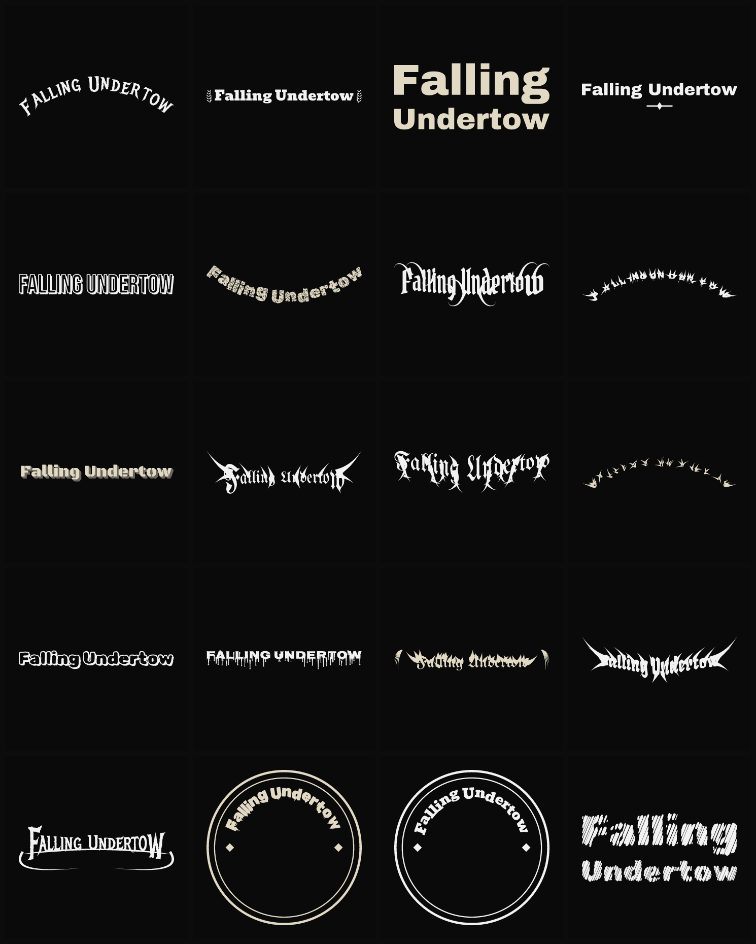 Twenty Falling Undertow band logo ideas — different faces, treatments and spike settings