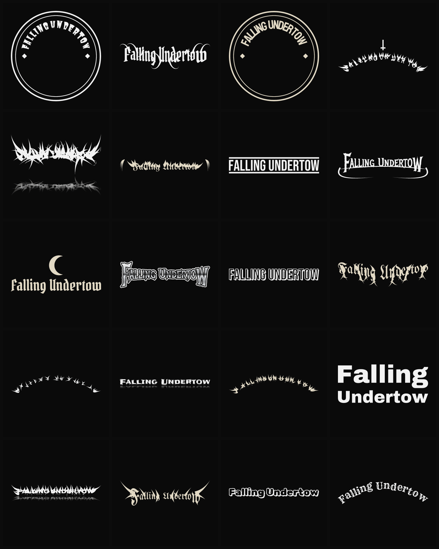 Twenty Falling Undertow band logo ideas — different faces, treatments and spike settings