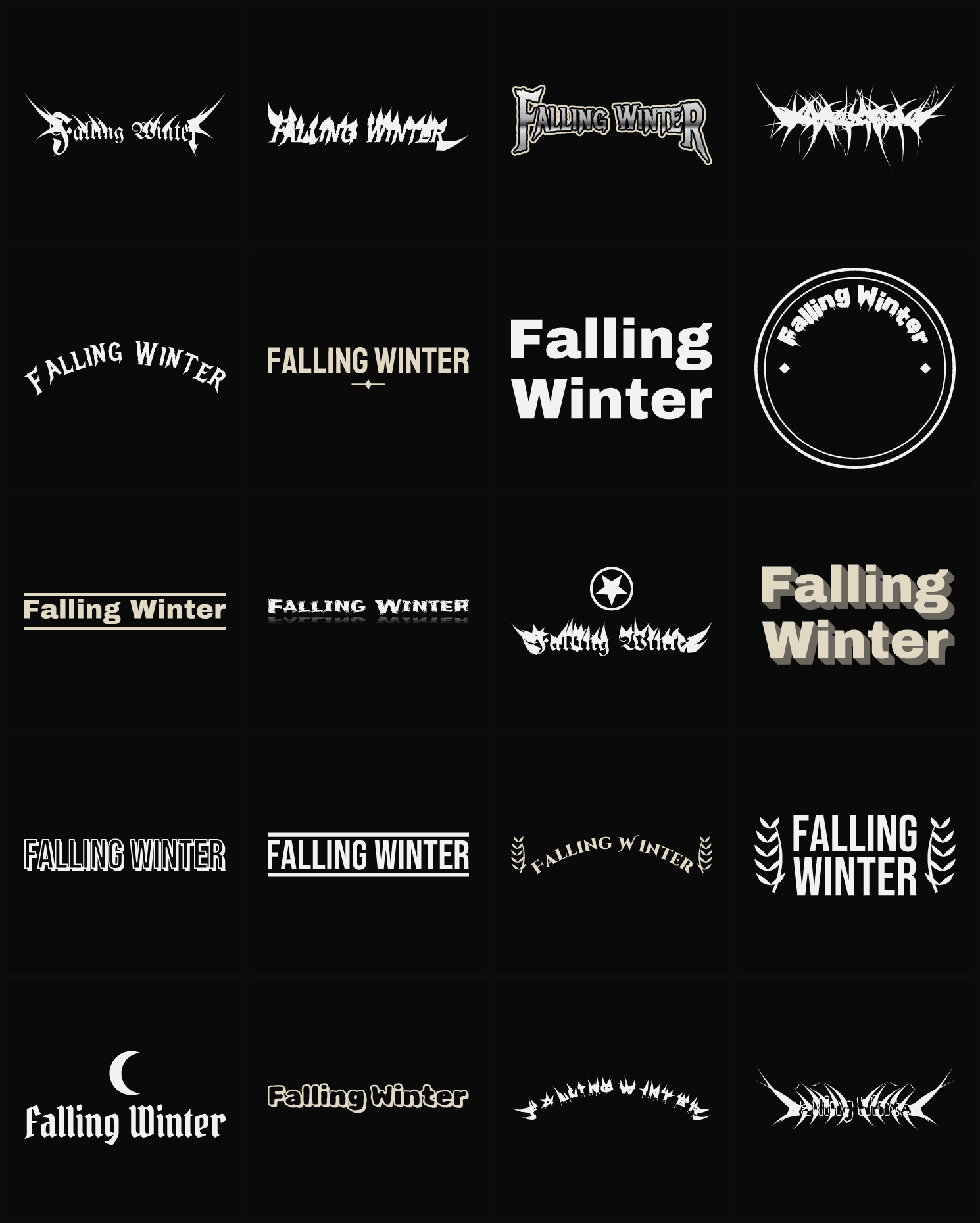 Twenty Falling Winter band logo ideas — different faces, treatments and spike settings