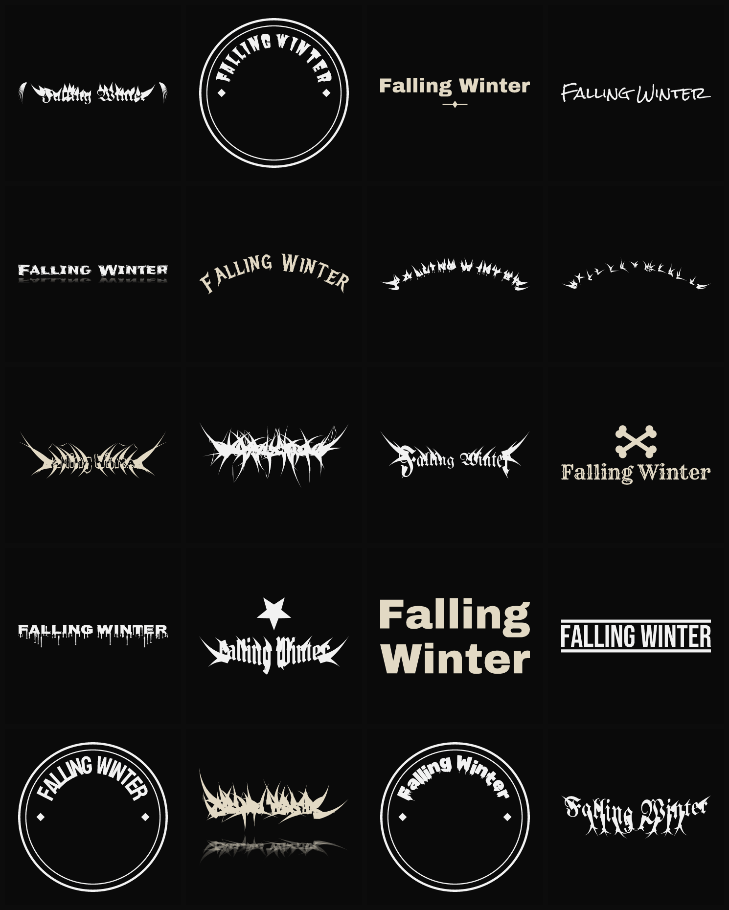 Twenty Falling Winter band logo ideas — different faces, treatments and spike settings