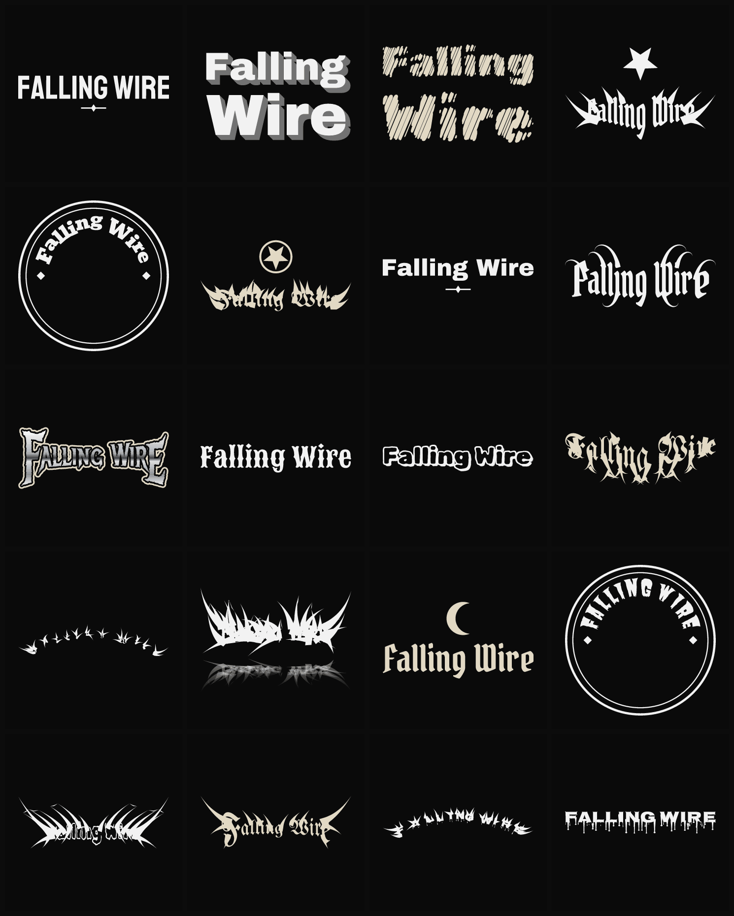Twenty Falling Wire band logo ideas — different faces, treatments and spike settings