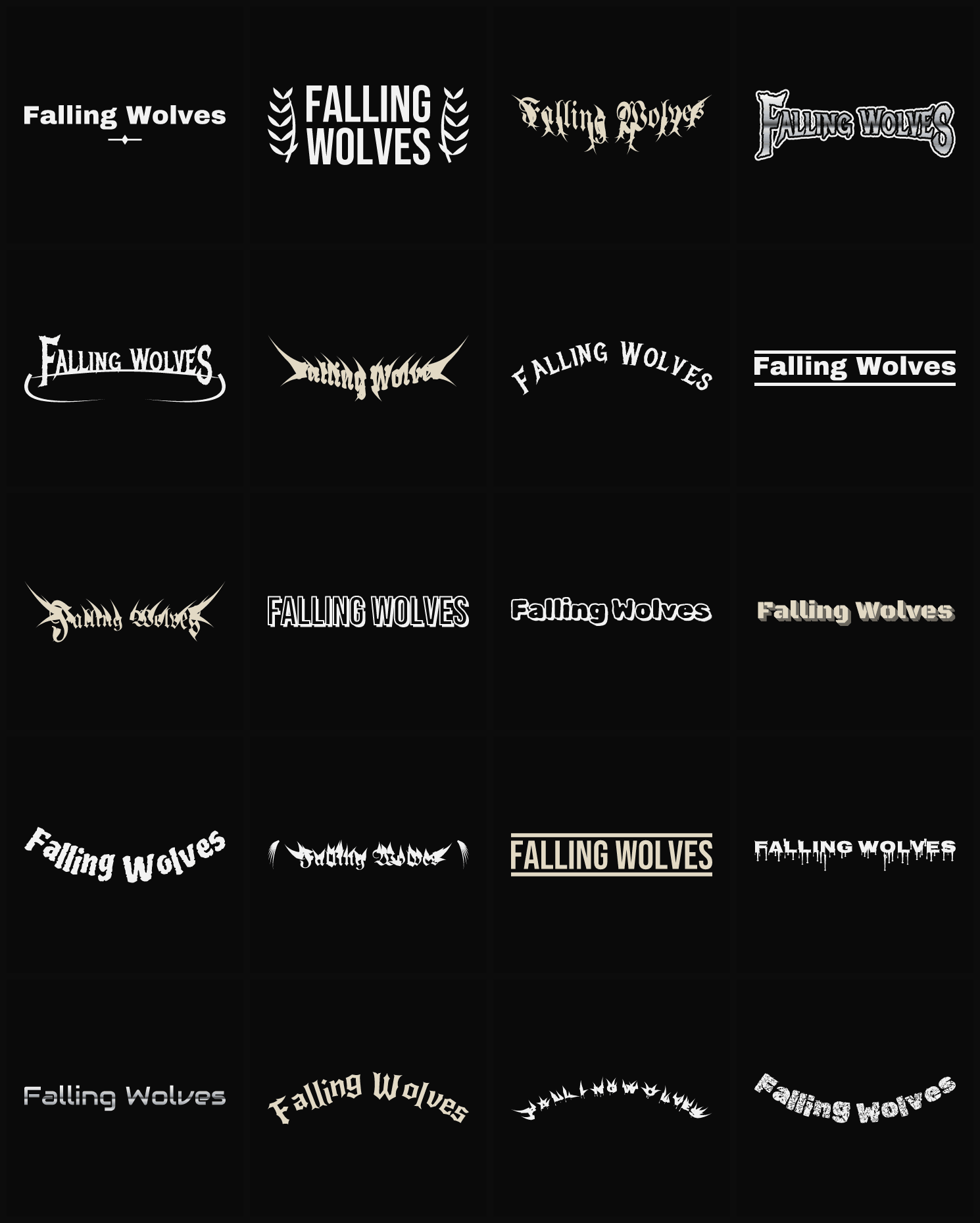 Twenty Falling Wolves band logo ideas — different faces, treatments and spike settings