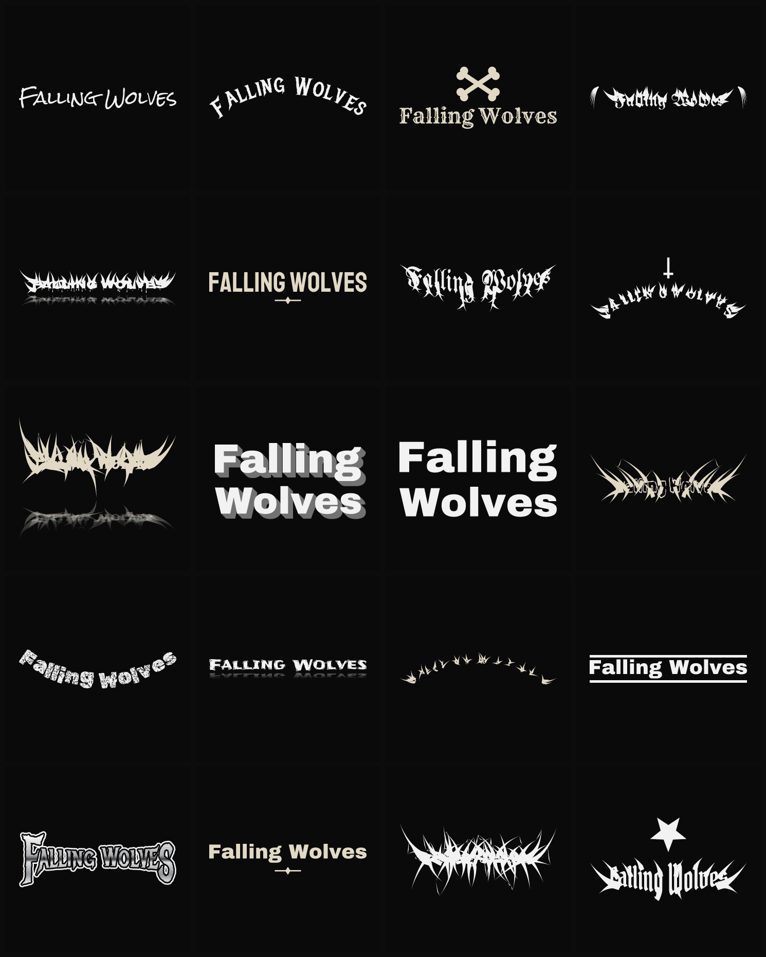 Twenty Falling Wolves band logo ideas — different faces, treatments and spike settings