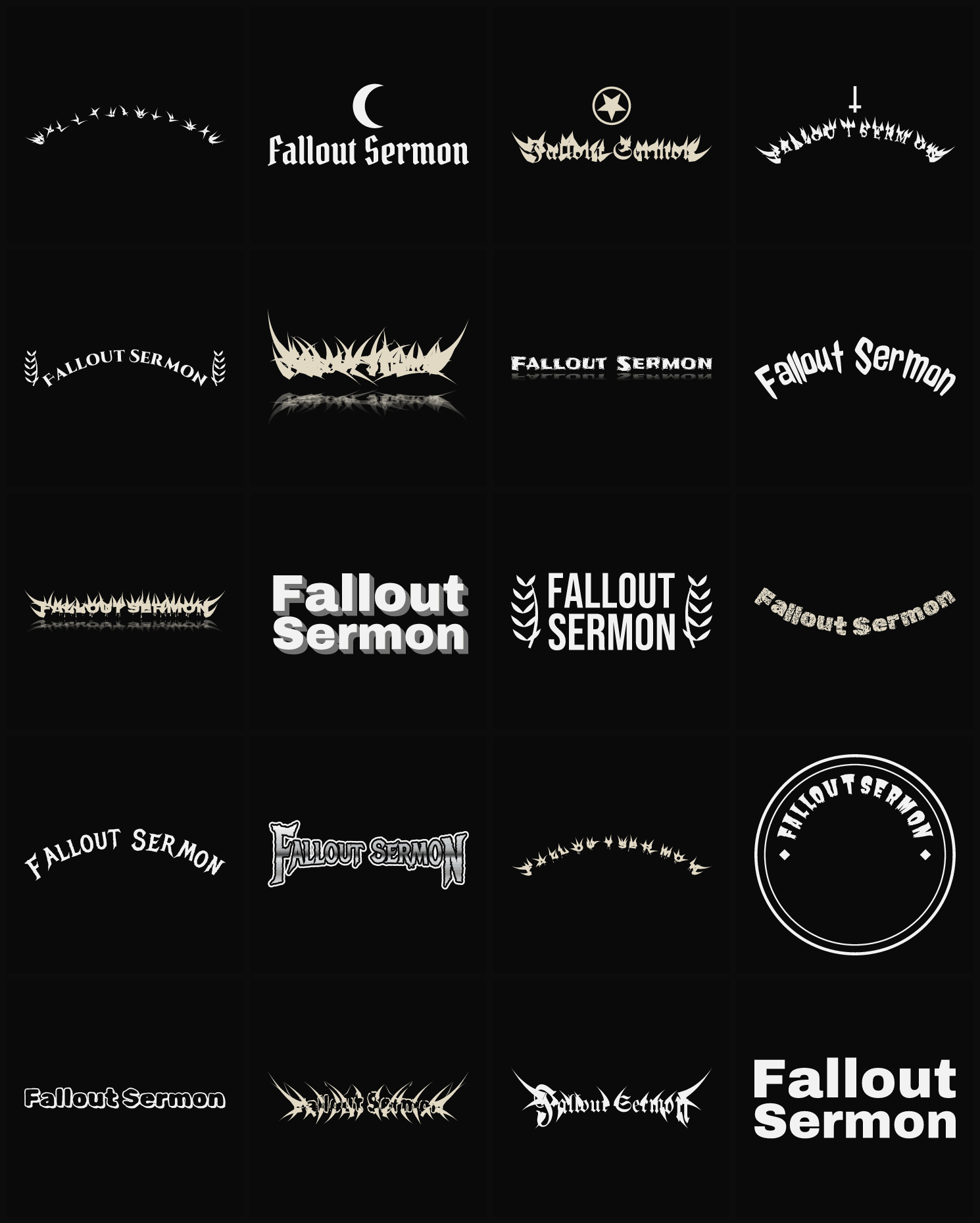 Twenty Fallout Sermon band logo ideas — different faces, treatments and spike settings