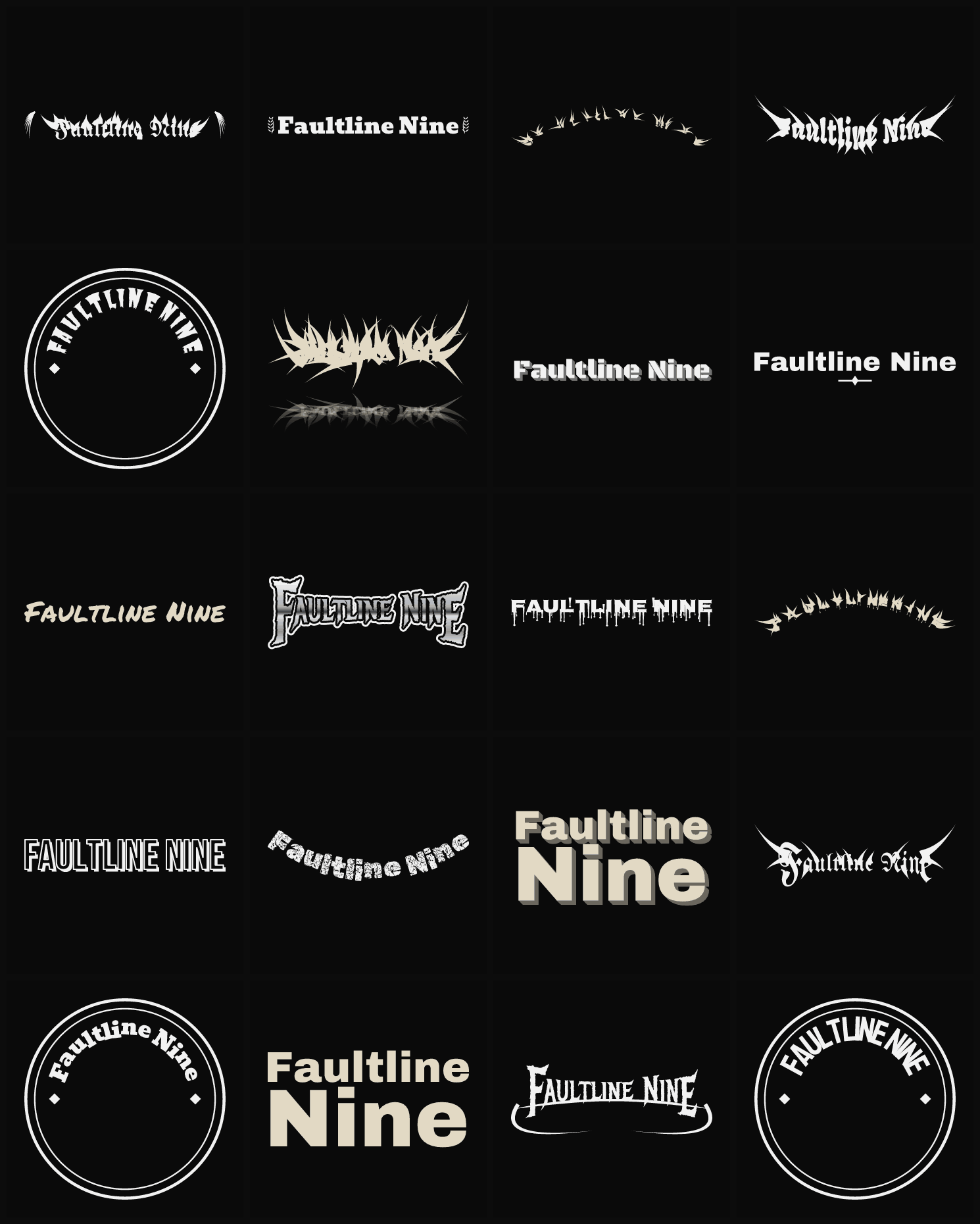 Twenty Faultline Nine band logo ideas — different faces, treatments and spike settings